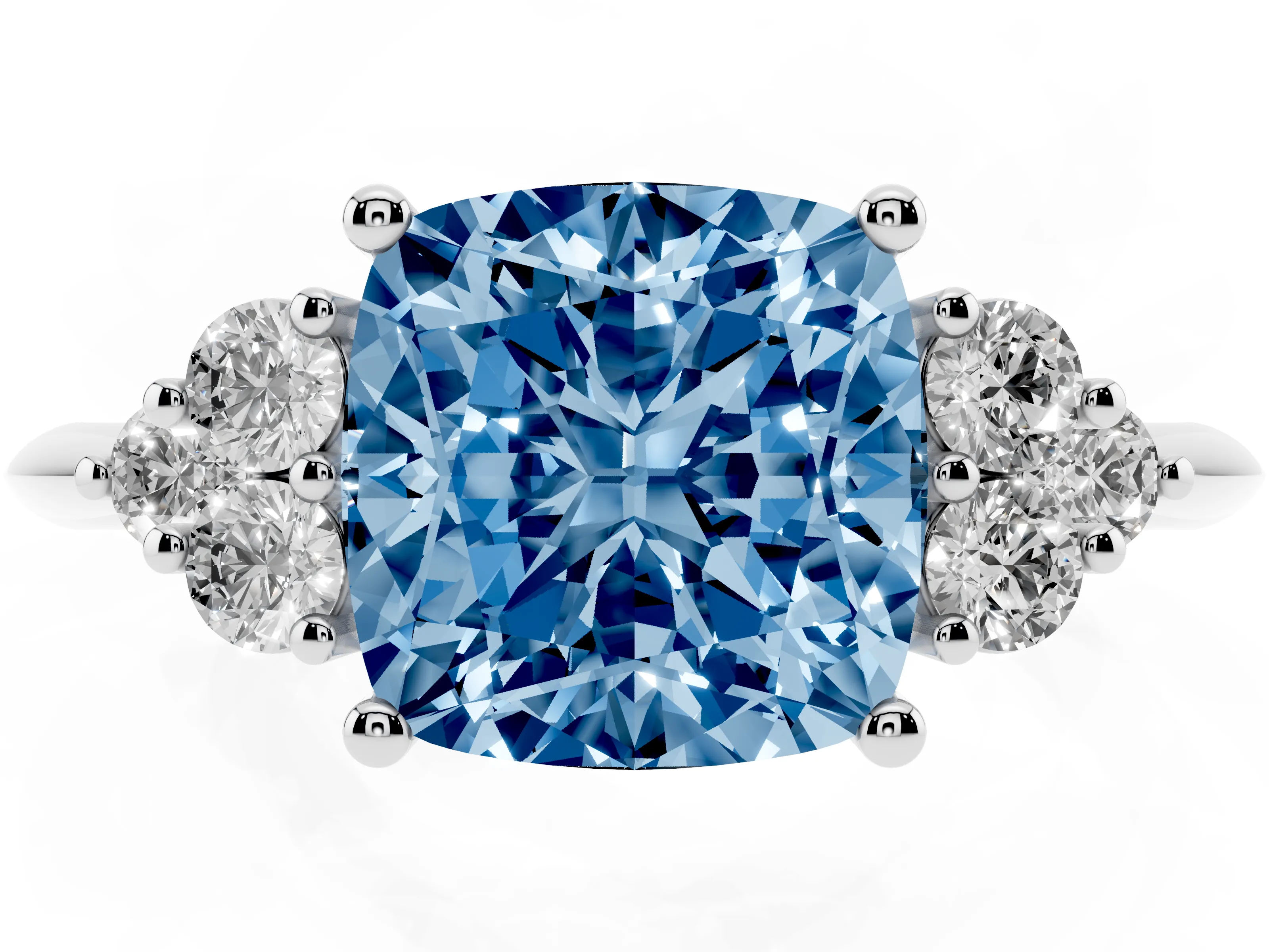 Fancy Blue Cushion Cut Diamond Cluster Ring Set in White gold with Plain Band and Prong Setting