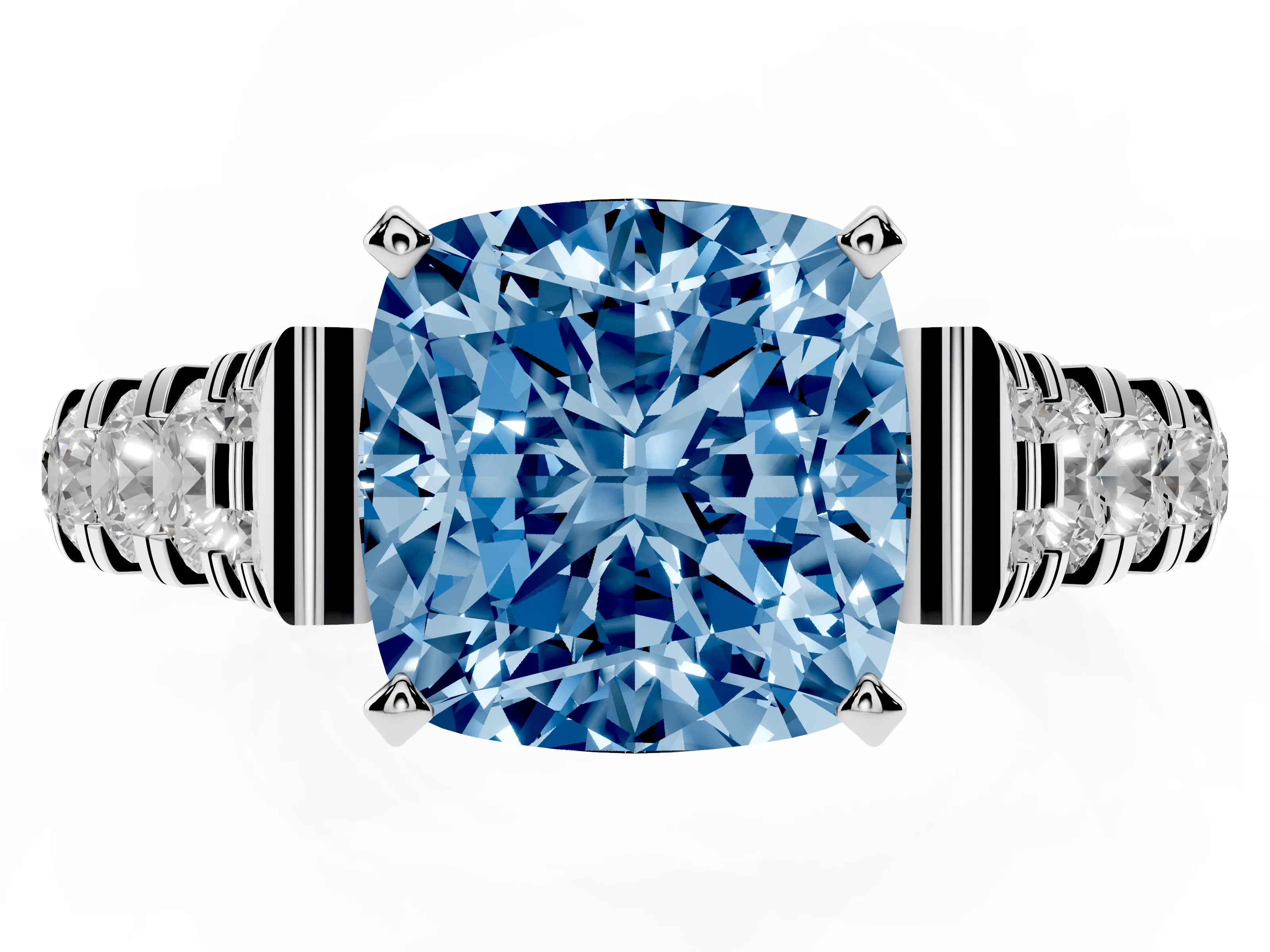 Fancy Blue Cushion Cut Diamond Classic Solitaire Ring Set in Silver with Pavé Band and Prong Setting