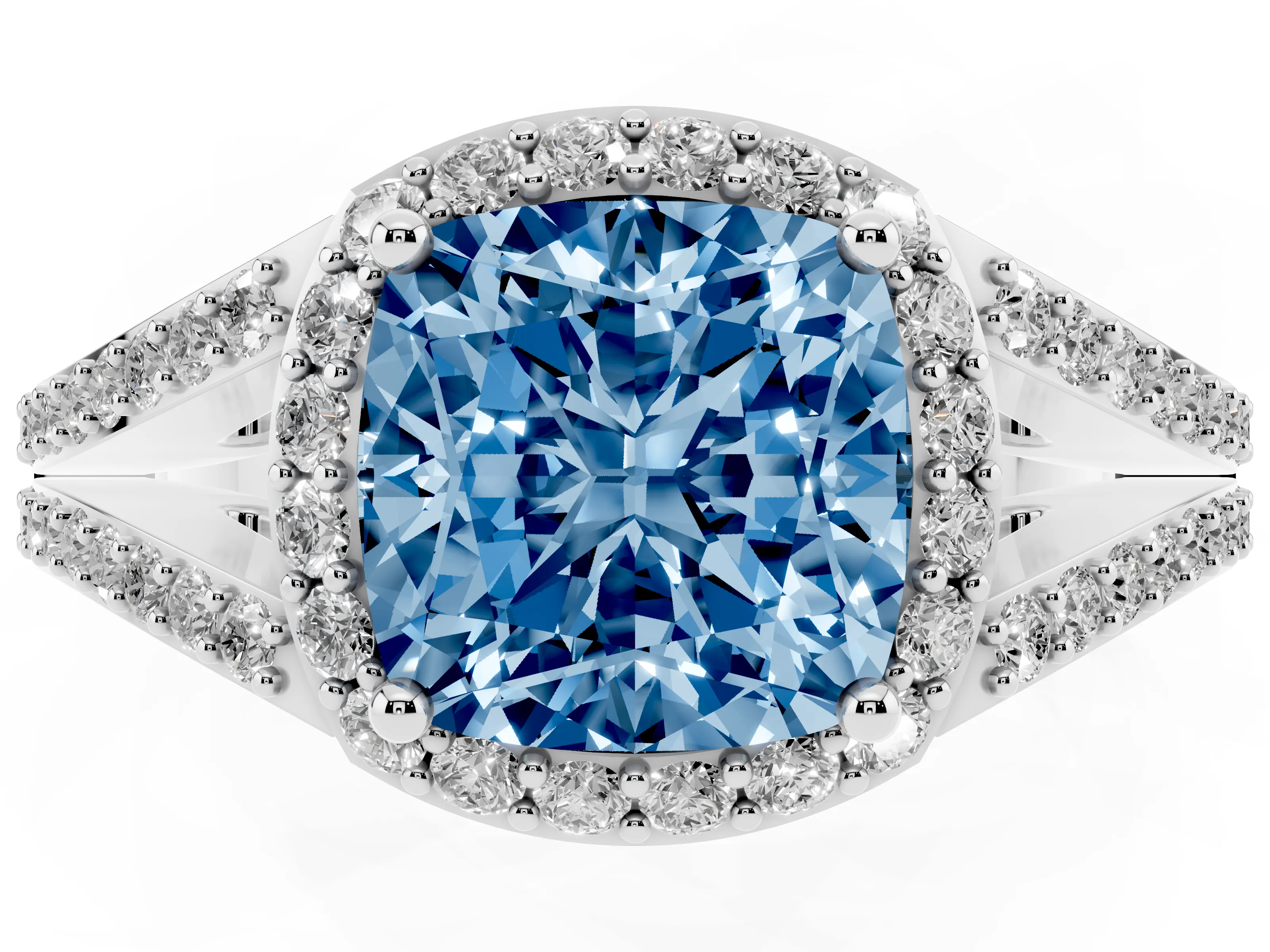 Fancy Blue Cushion Cut Diamond Halo Split Shank Ring Set in Silver with Accent Stones and Prong Setting
