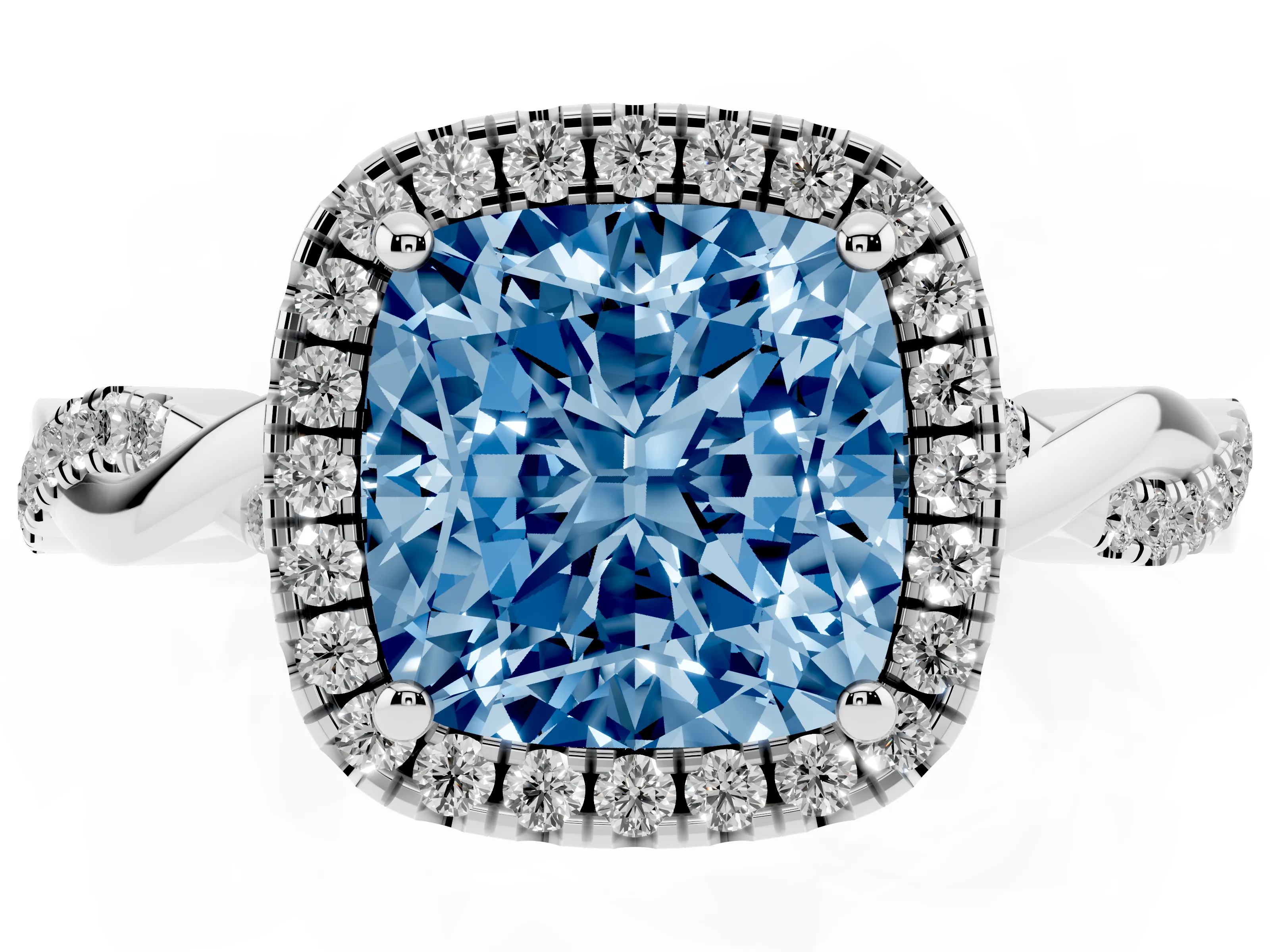 Fancy Blue Cushion Cut Diamond Halo Twisted Band Ring Set in Platinum with Prong Setting