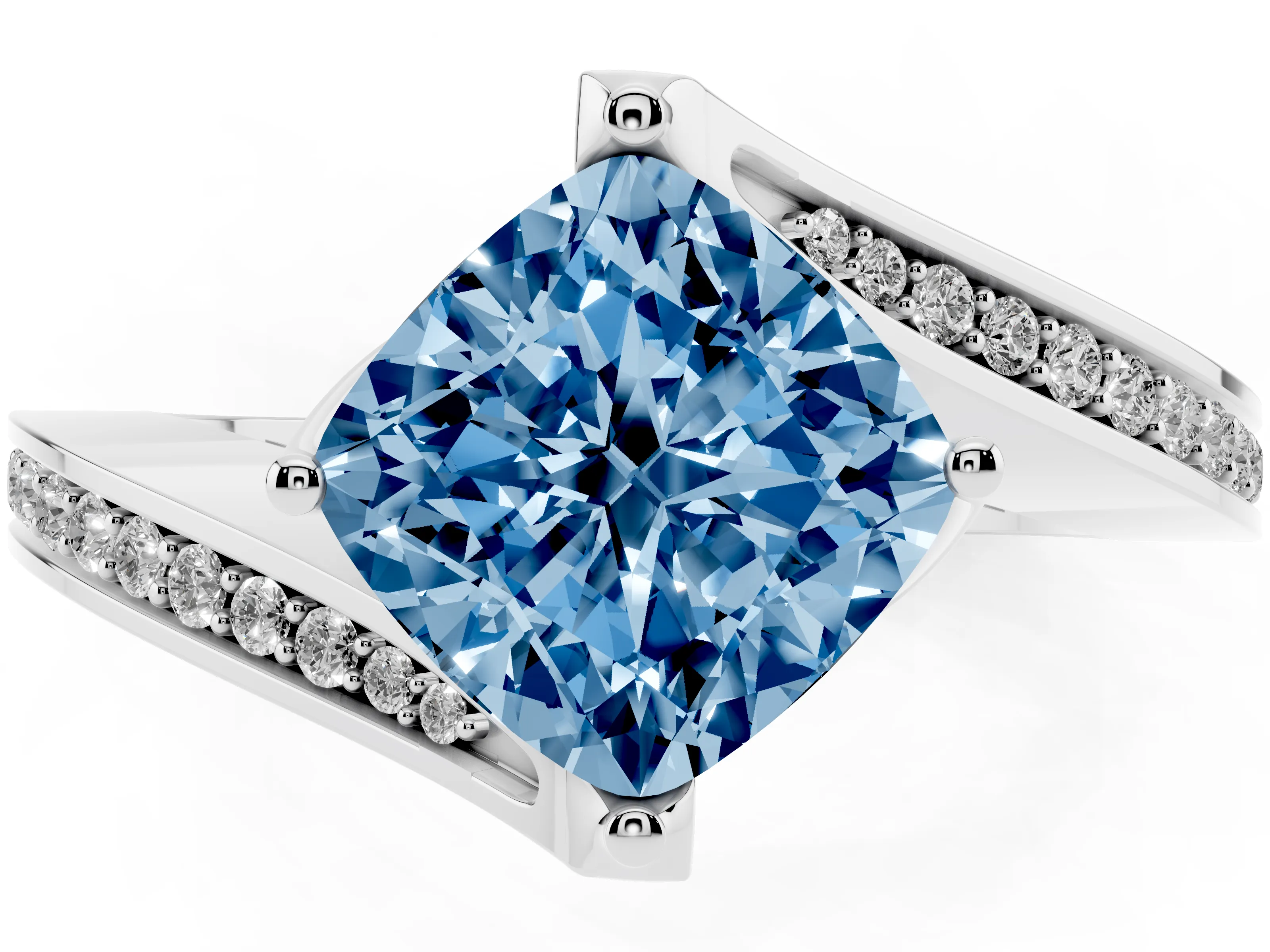 Fancy Blue Cushion Cut Diamond Solitaire Ring Set in White gold with Intertwined Pavé Twist Band