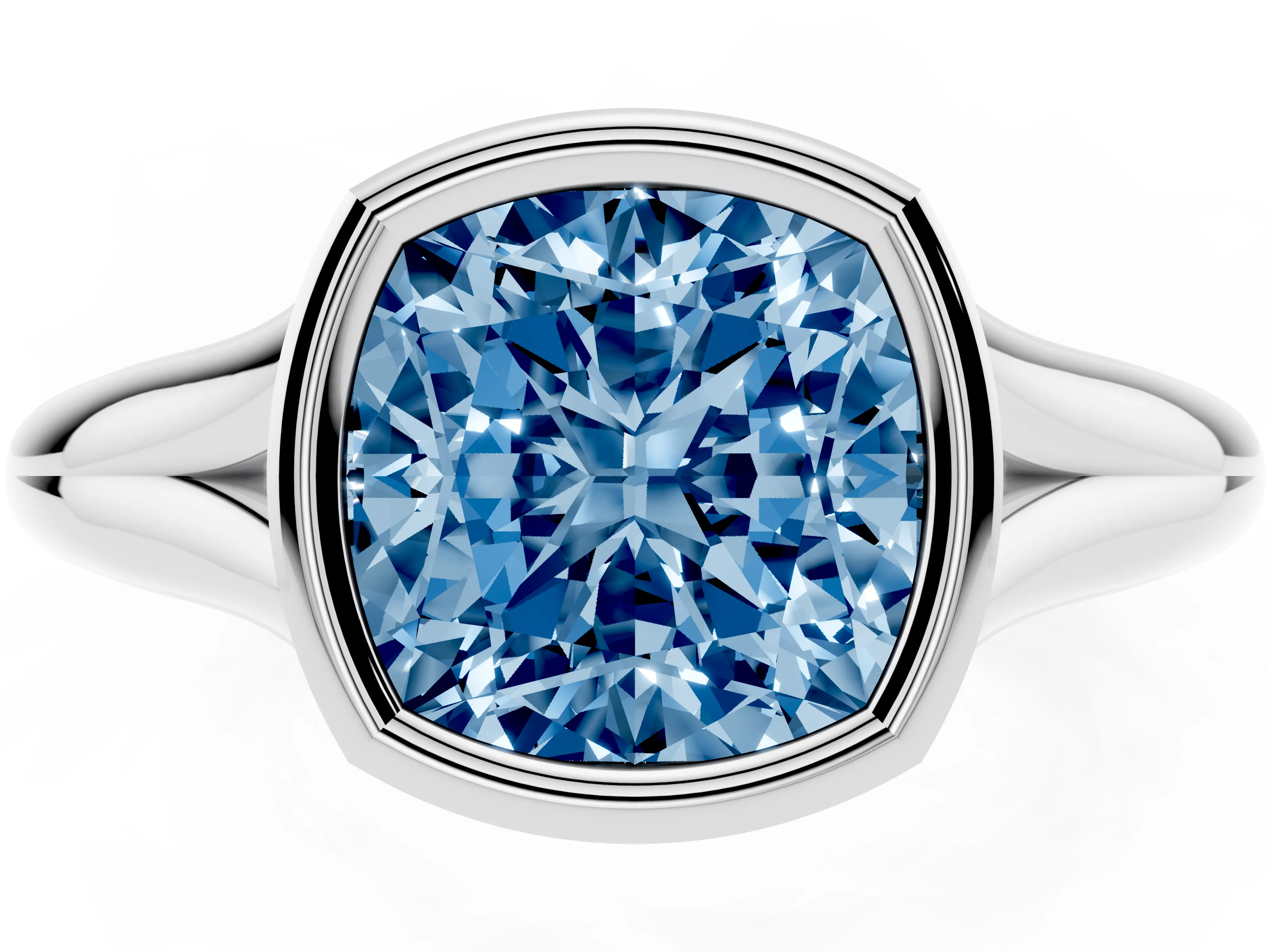 Fancy Blue Bezel Set Cushion Cut Diamond Solitaire Ring Set in Platinum with Smooth Band