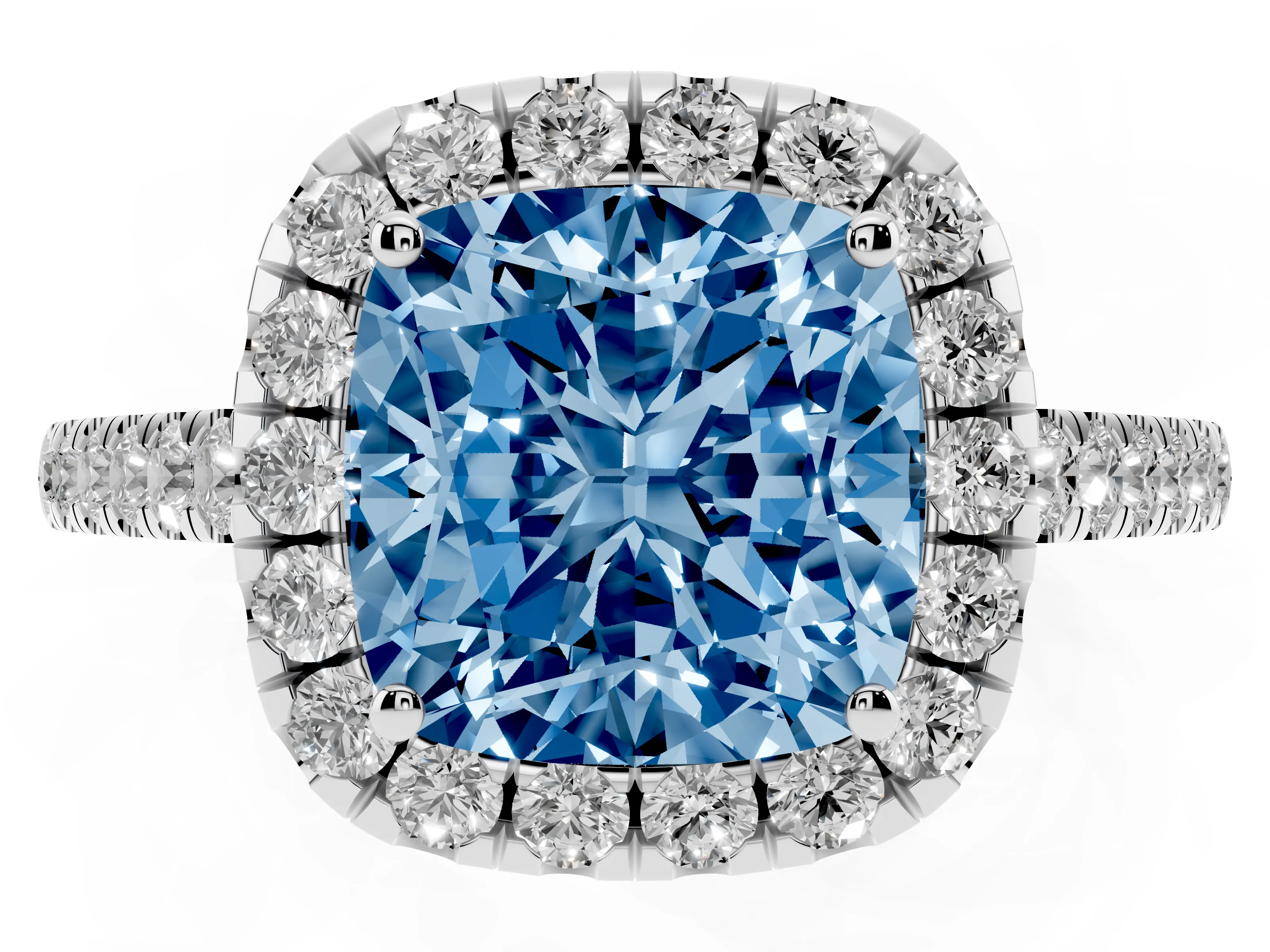 Fancy Blue Cushion Cut Diamond Halo Pavé Engagement Ring Set in White gold with Prong Setting