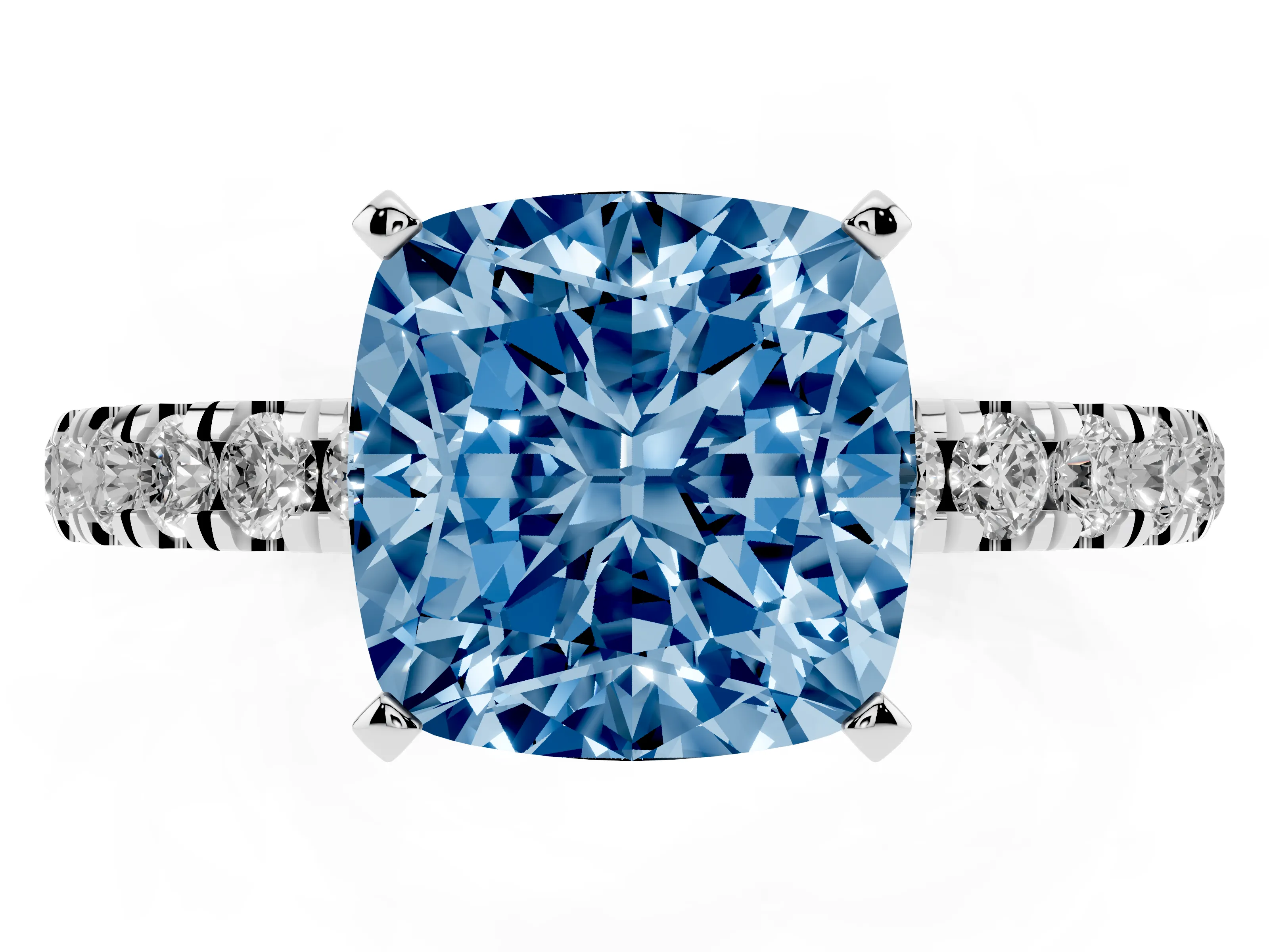 Fancy Blue Cushion Cut Diamond Solitaire Ring Set in Silver with Pavé Accents and Prong Setting
