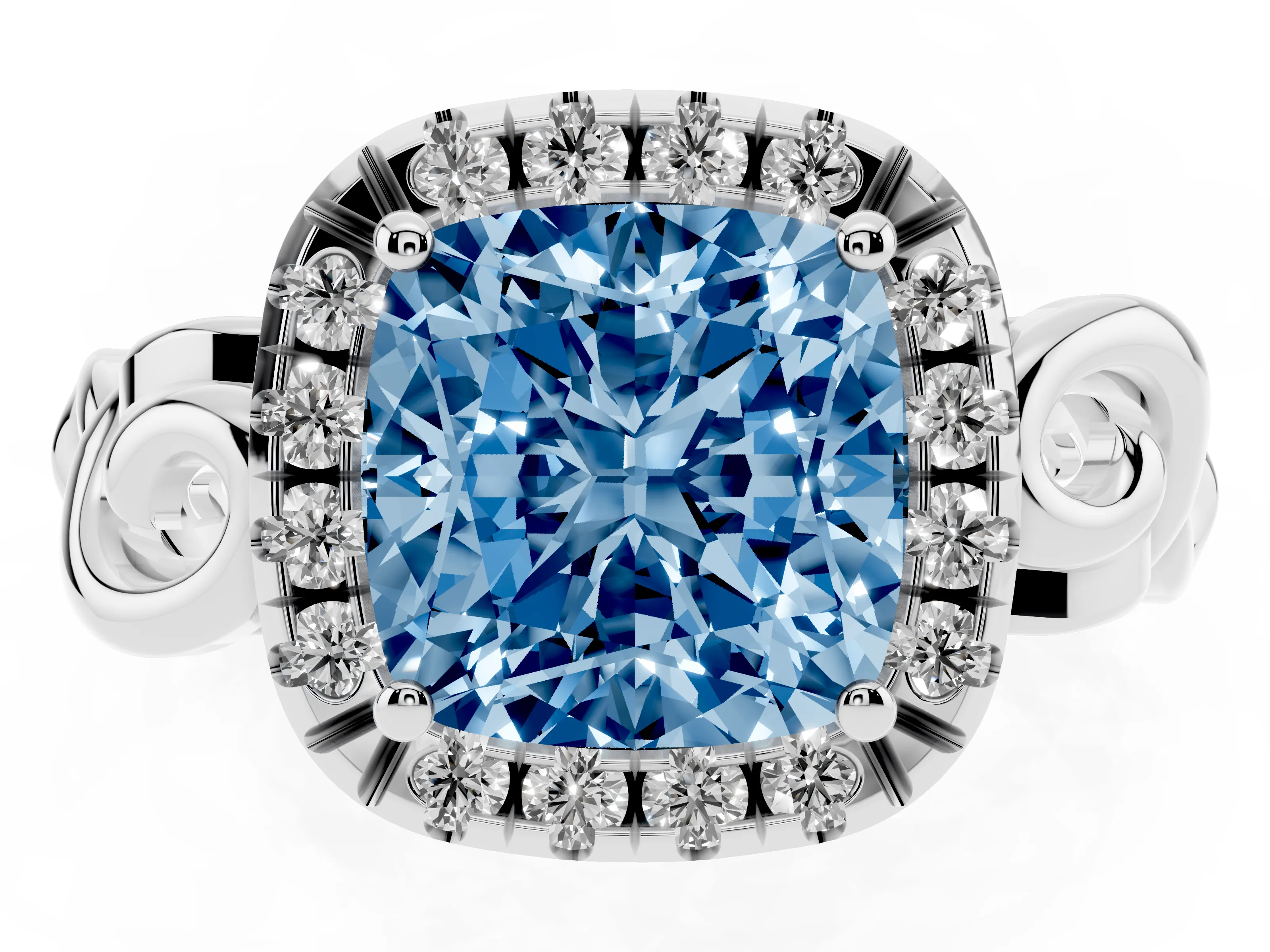 Fancy Blue Cushion Cut Diamond Halo Ring Set in Platinum with Scrollwork Band and Prong Setting