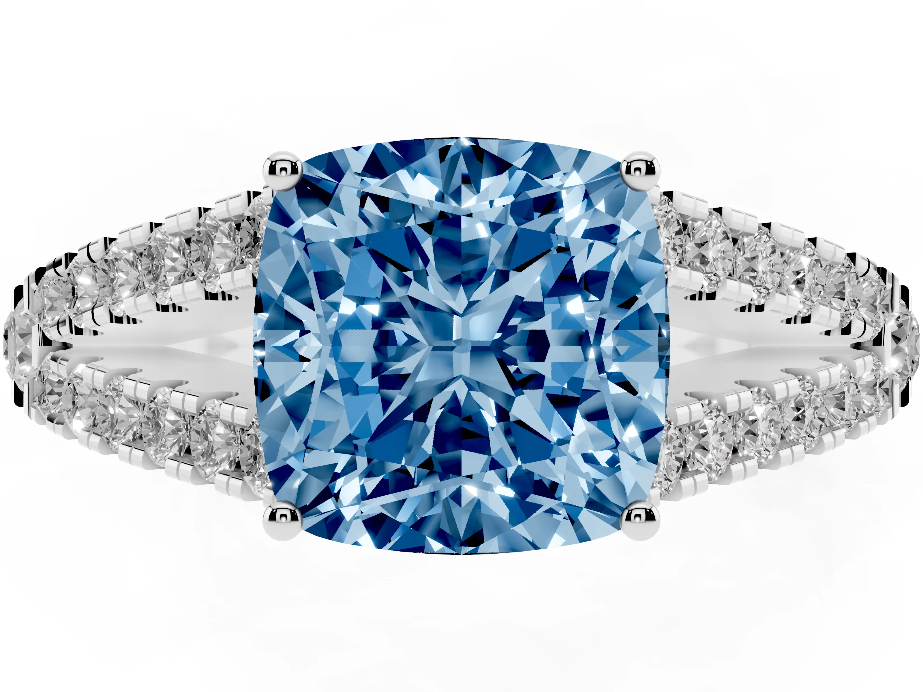Fancy Blue Cushion Cut Diamond Split Shank Pavé Engagement Ring Set in Silver with Prong-Held Center Stone