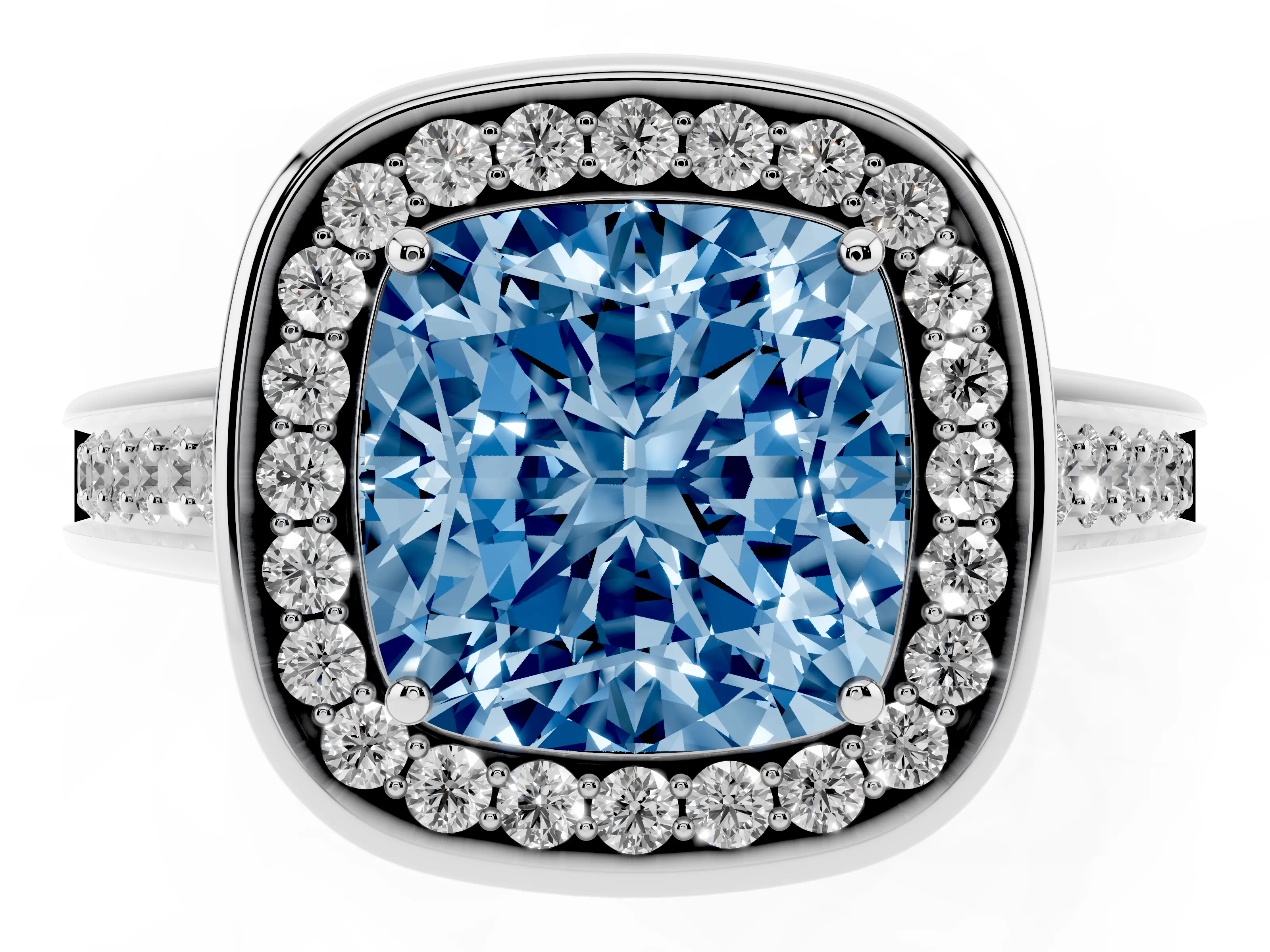 Fancy Blue Cushion Cut Diamond Halo Solitaire Ring Set in Silver with Pavé Band and Bezel Setting