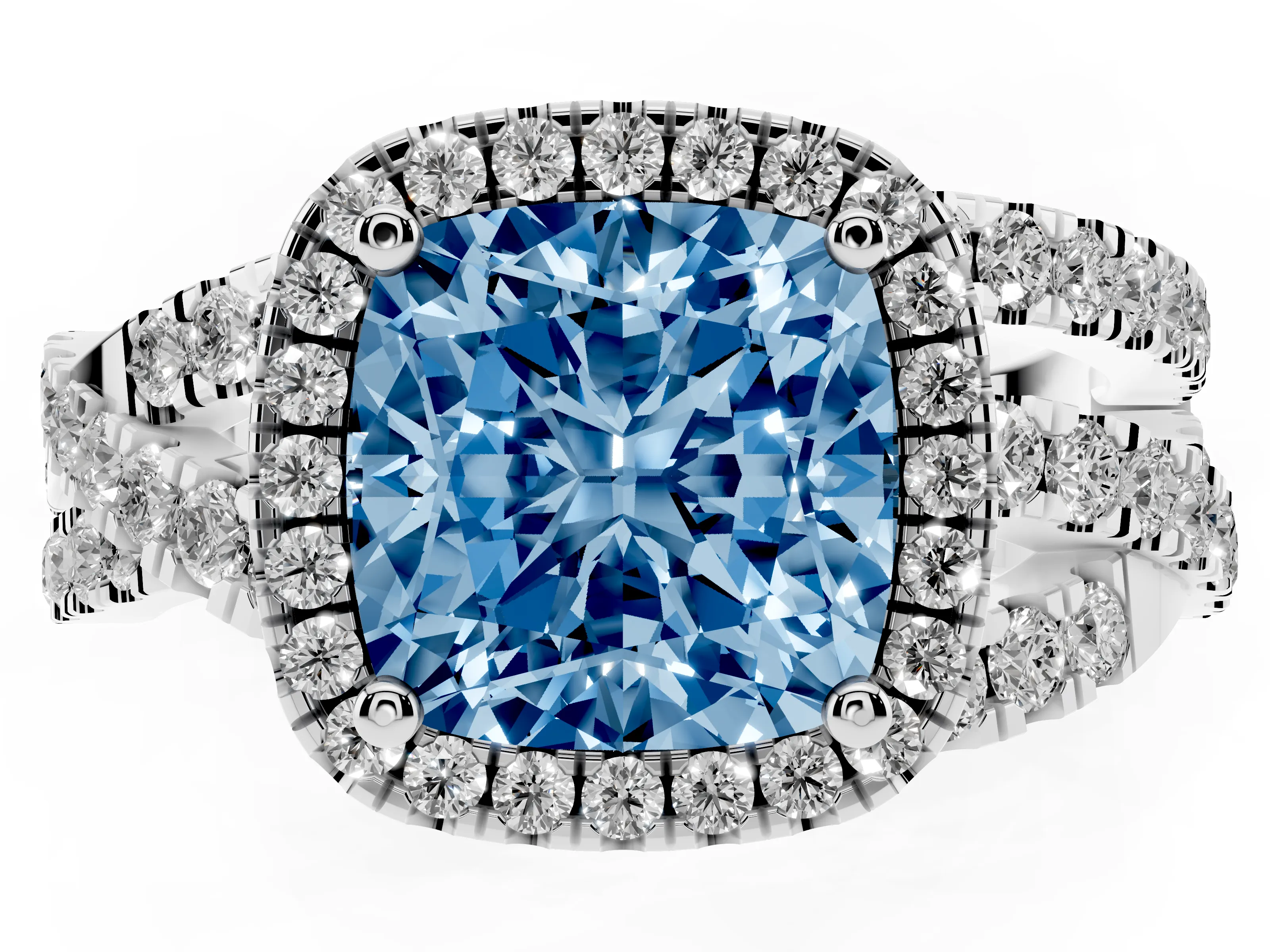 Fancy Blue Cushion Cut Diamond Halo Ring Set in Silver with Round Crossover Split Shank and Prong Setting
