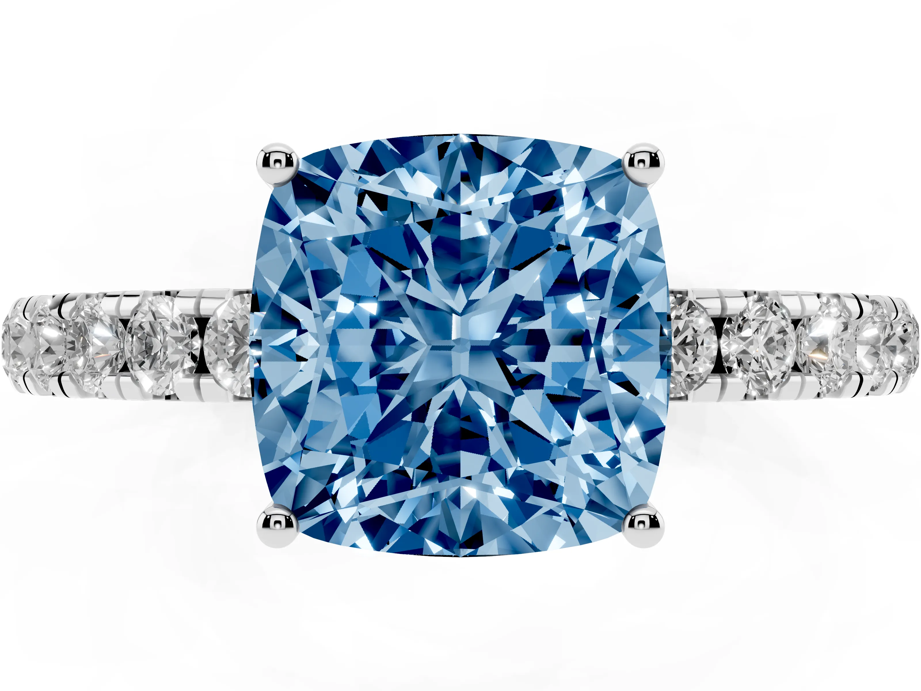Fancy Blue Cushion Cut Diamond Pavé Solitaire Engagement Ring Set in Platinum with Prong Setting
