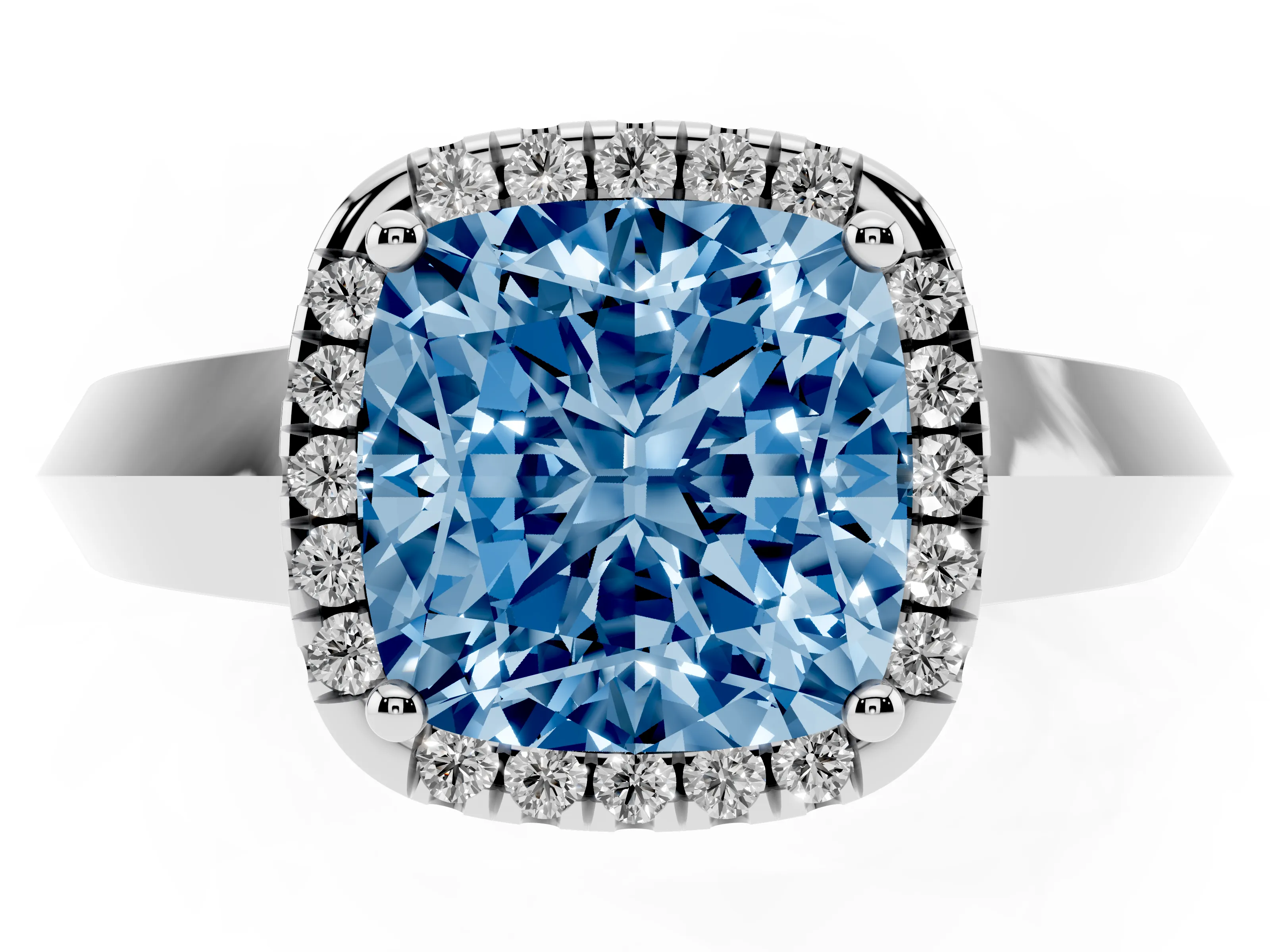 Fancy Blue Cushion Cut Diamond Halo Ring Set in Platinum with Cathedral Band and Prong Setting