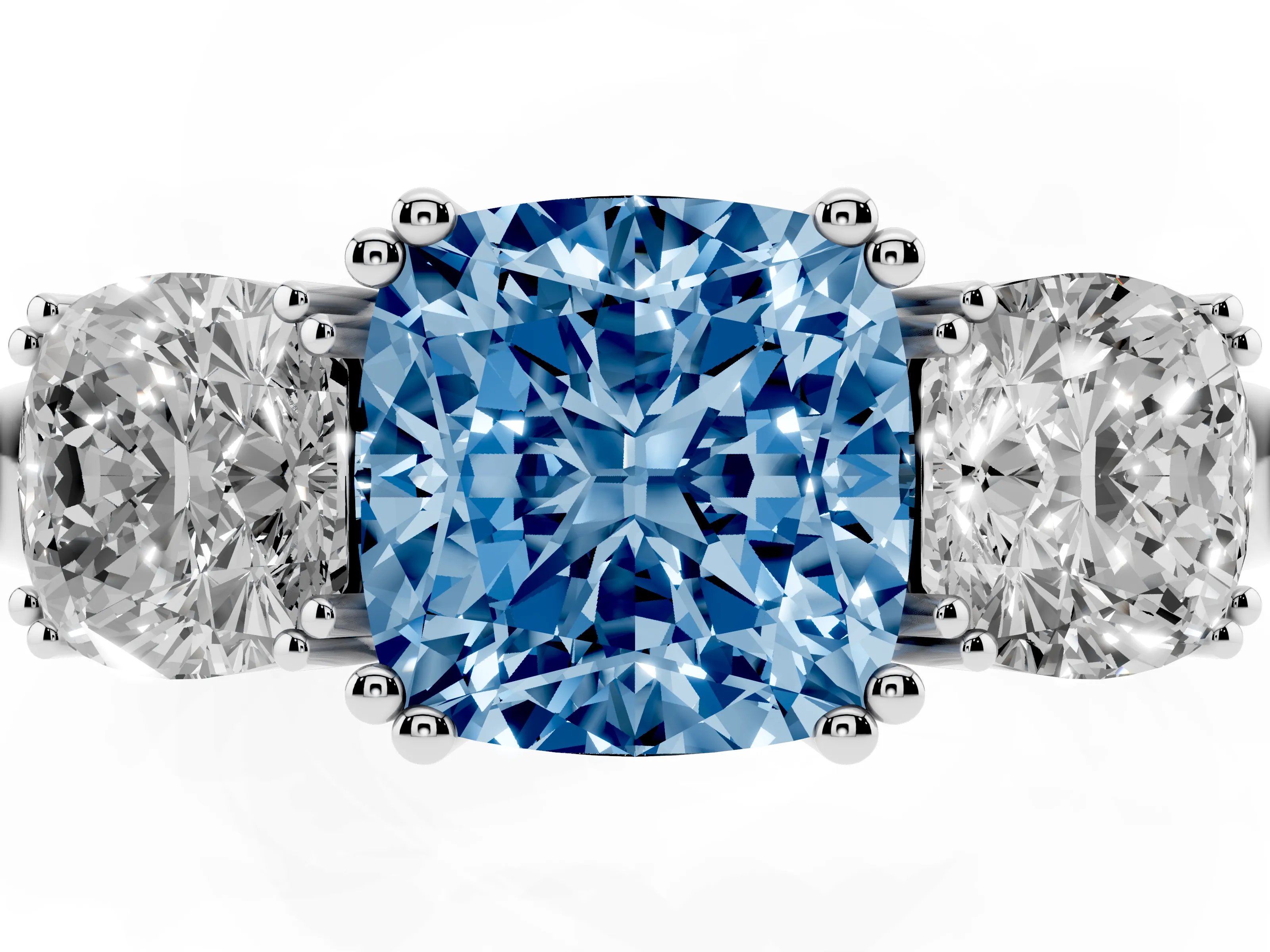 Fancy Blue Cushion Cut Diamond Three-Stone Ring Set in White gold with Polished Band and Prong Setting