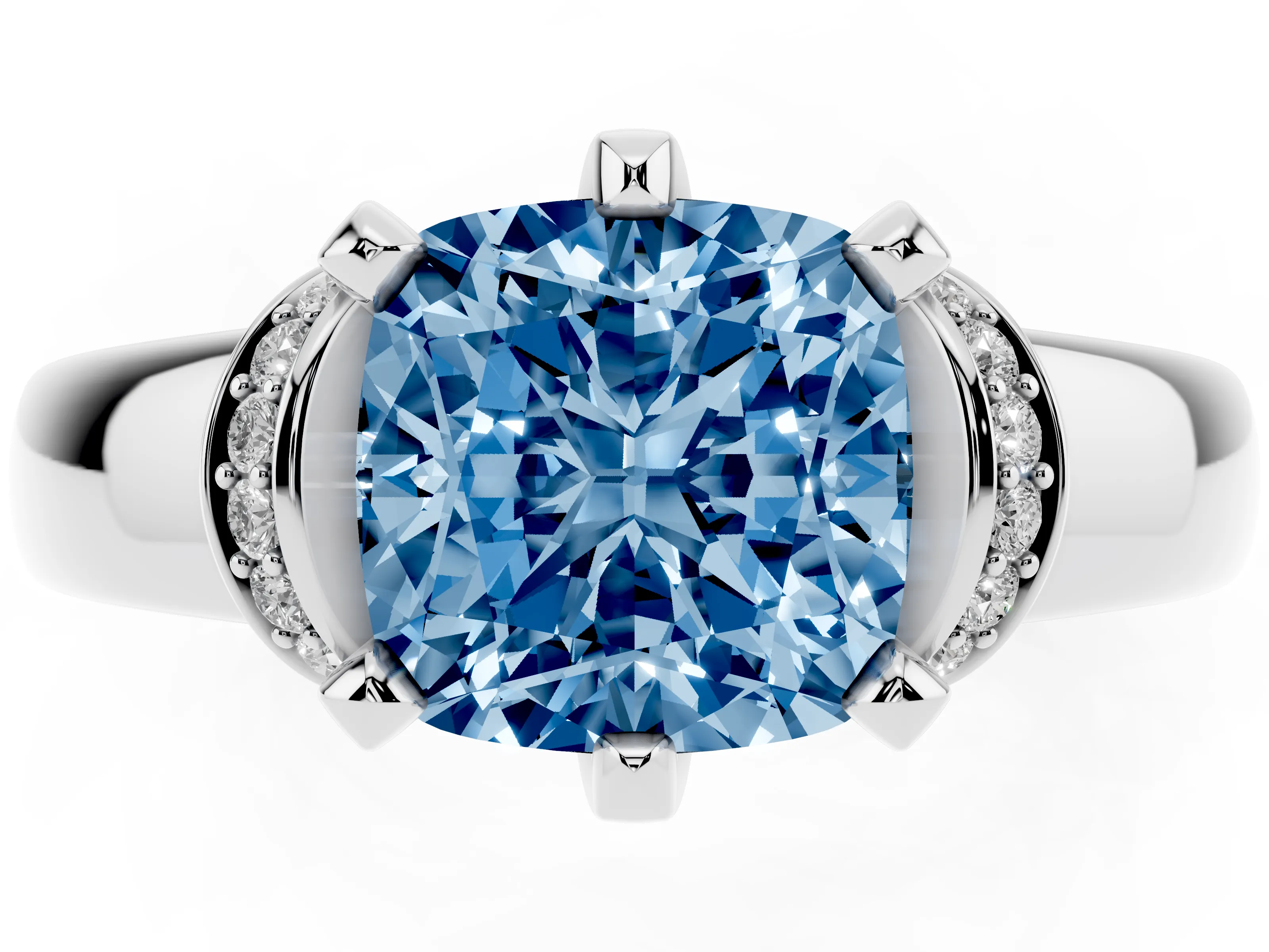 Fancy Blue Cushion Cut Diamond Pavé Band Solitaire Ring Set in Platinum with Prong Setting