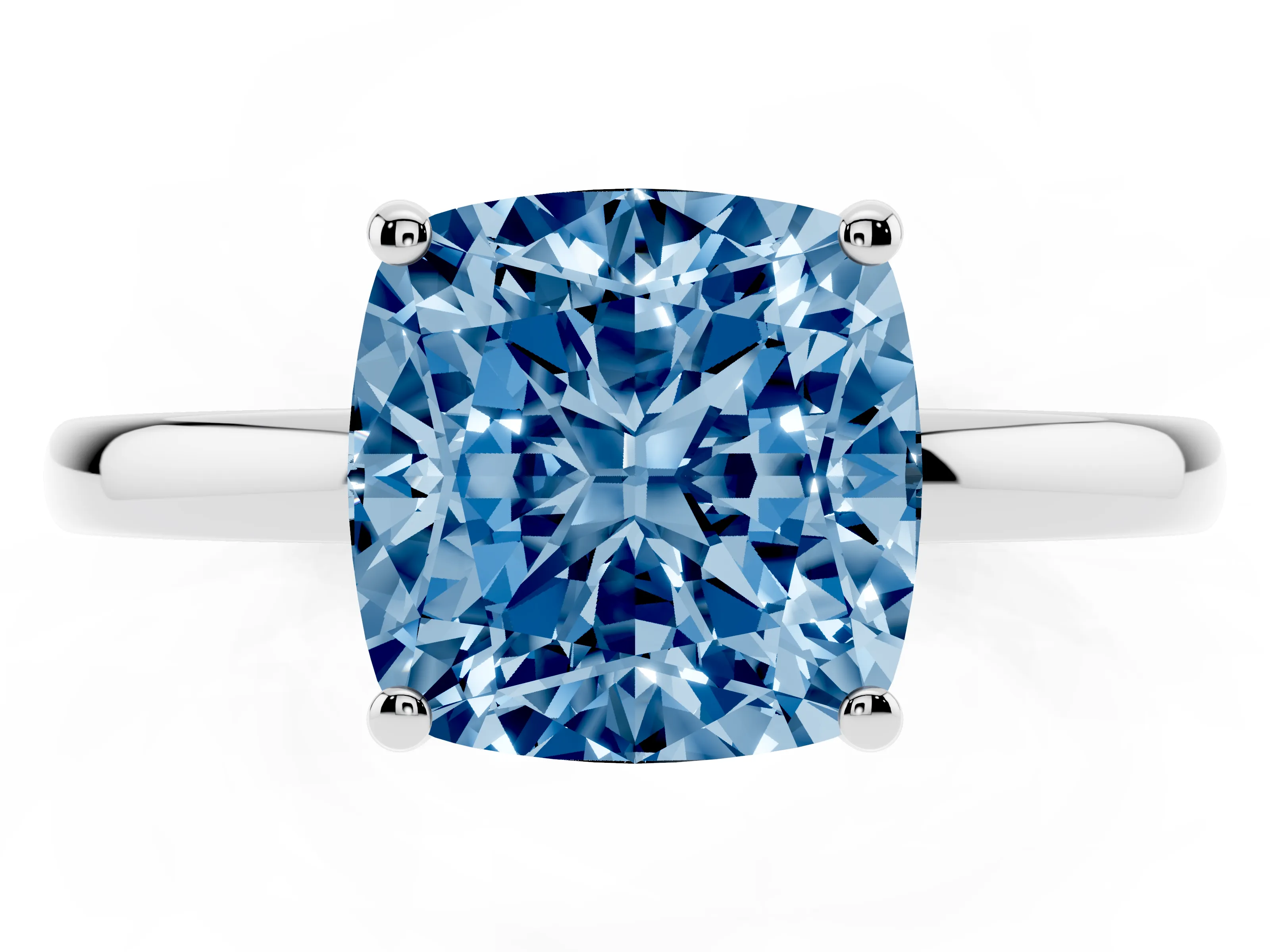 Fancy Blue Cushion Cut Diamond Solitaire Ring Set in Platinum with Plain Band and Prong Setting