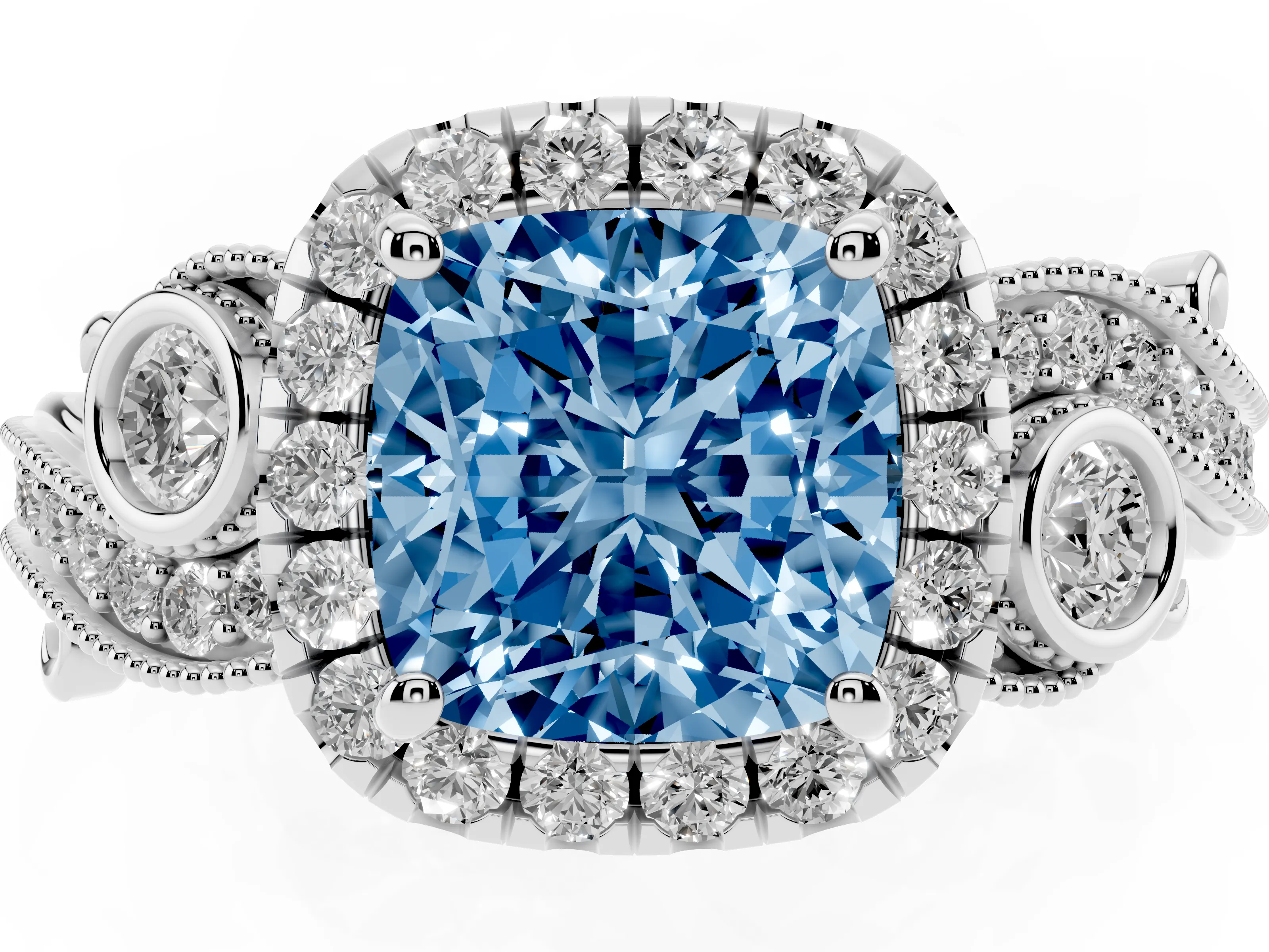 Fancy Blue Cushion Cut Diamond Halo Ring Set in Silver with Milgrain Pavé Band and Prong Setting