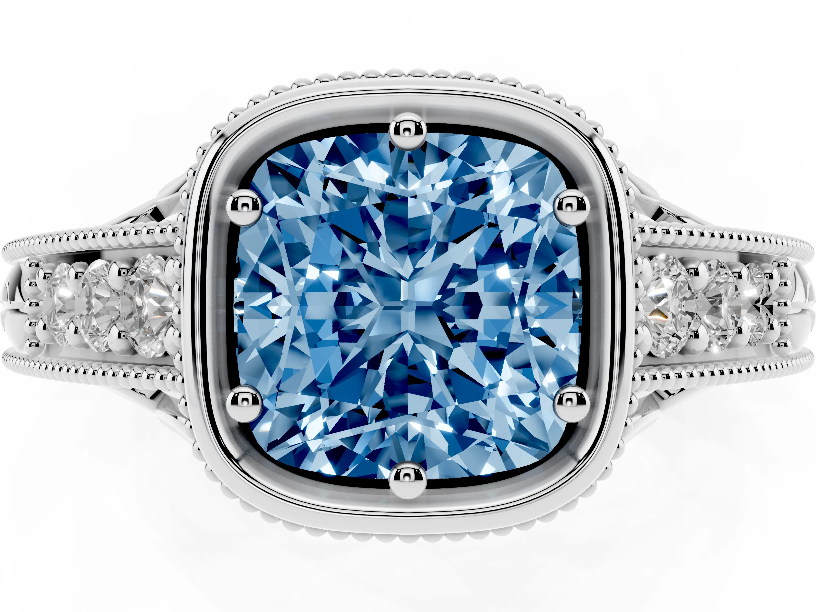 Fancy Blue Bezel Set Cushion Cut Diamond Milgrain Pavé Engagement Ring Set in White gold