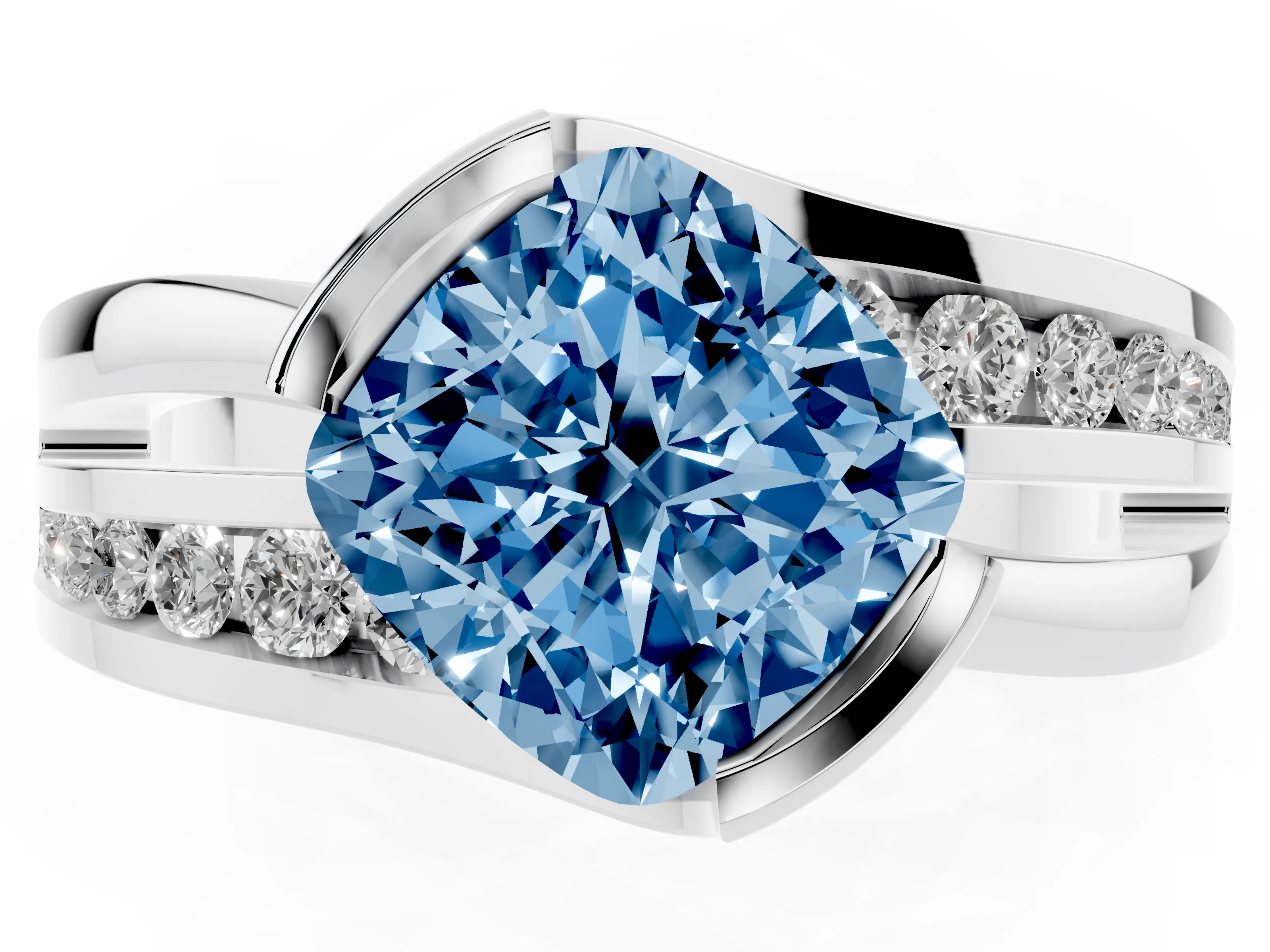 Fancy Blue Cushion Cut Diamond Solitaire Ring Set in Silver with Channel Set Split Shank and Tension Prongs