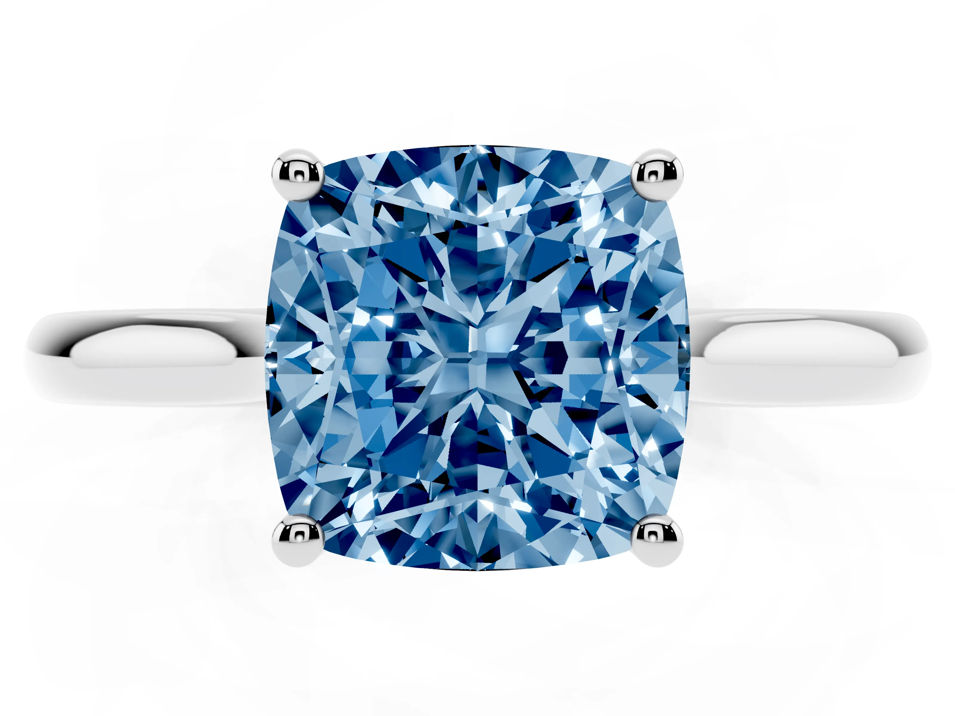 Fancy Blue Cushion Cut Diamond Solitaire Ring Set in Silver with Cathedral Band and Prong Setting