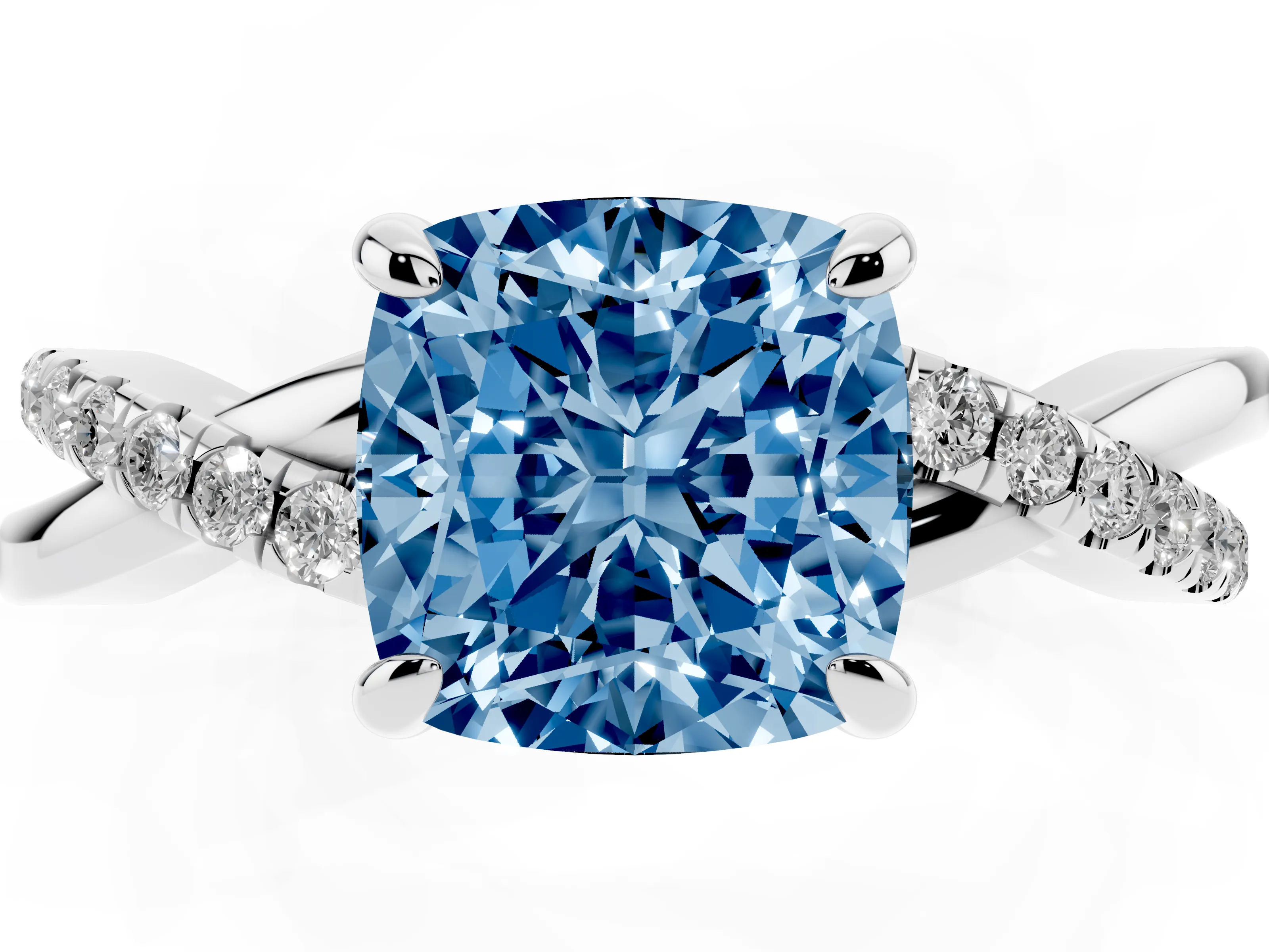 Fancy Blue Cushion Cut Diamond Twist Band Pavé Solitaire Ring Set in Silver with Prong Setting