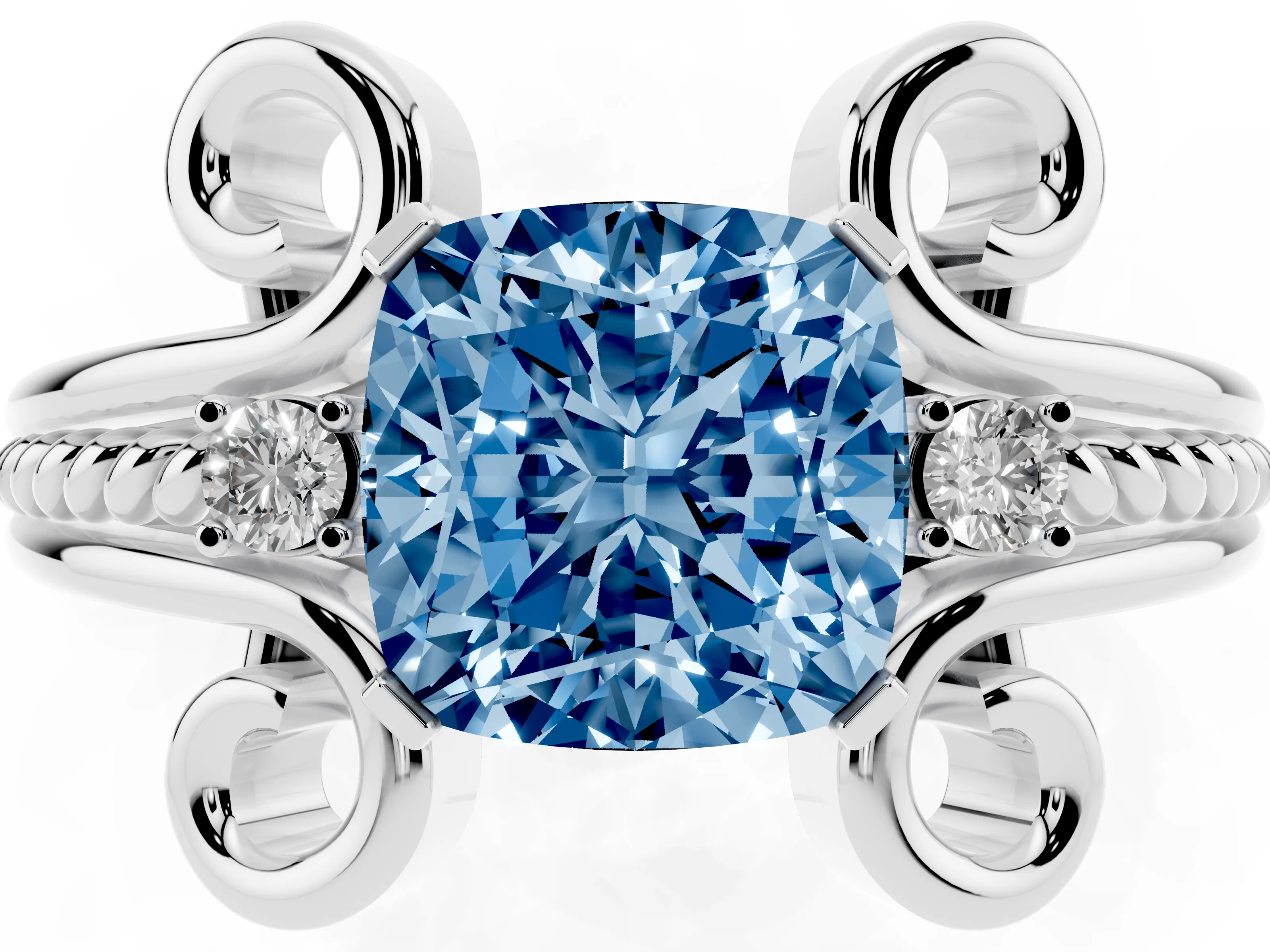 Fancy Blue Cushion Cut Diamond Twisted Band Solitaire Ring Set in White gold with Scroll Prongs