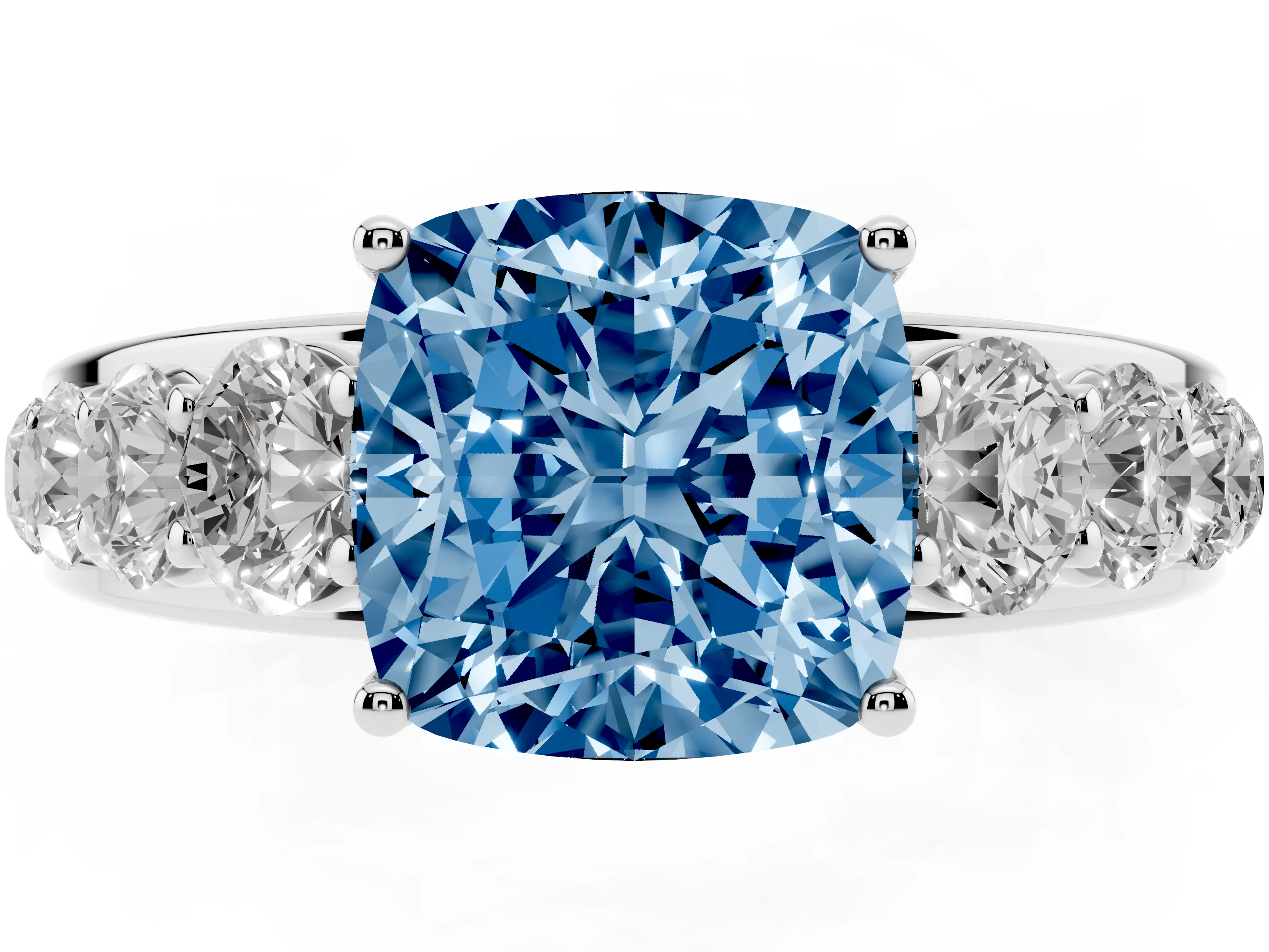 Fancy Blue Cushion Cut Diamond Solitaire Ring Set in Platinum with Pavé-Set Band and Prong Setting