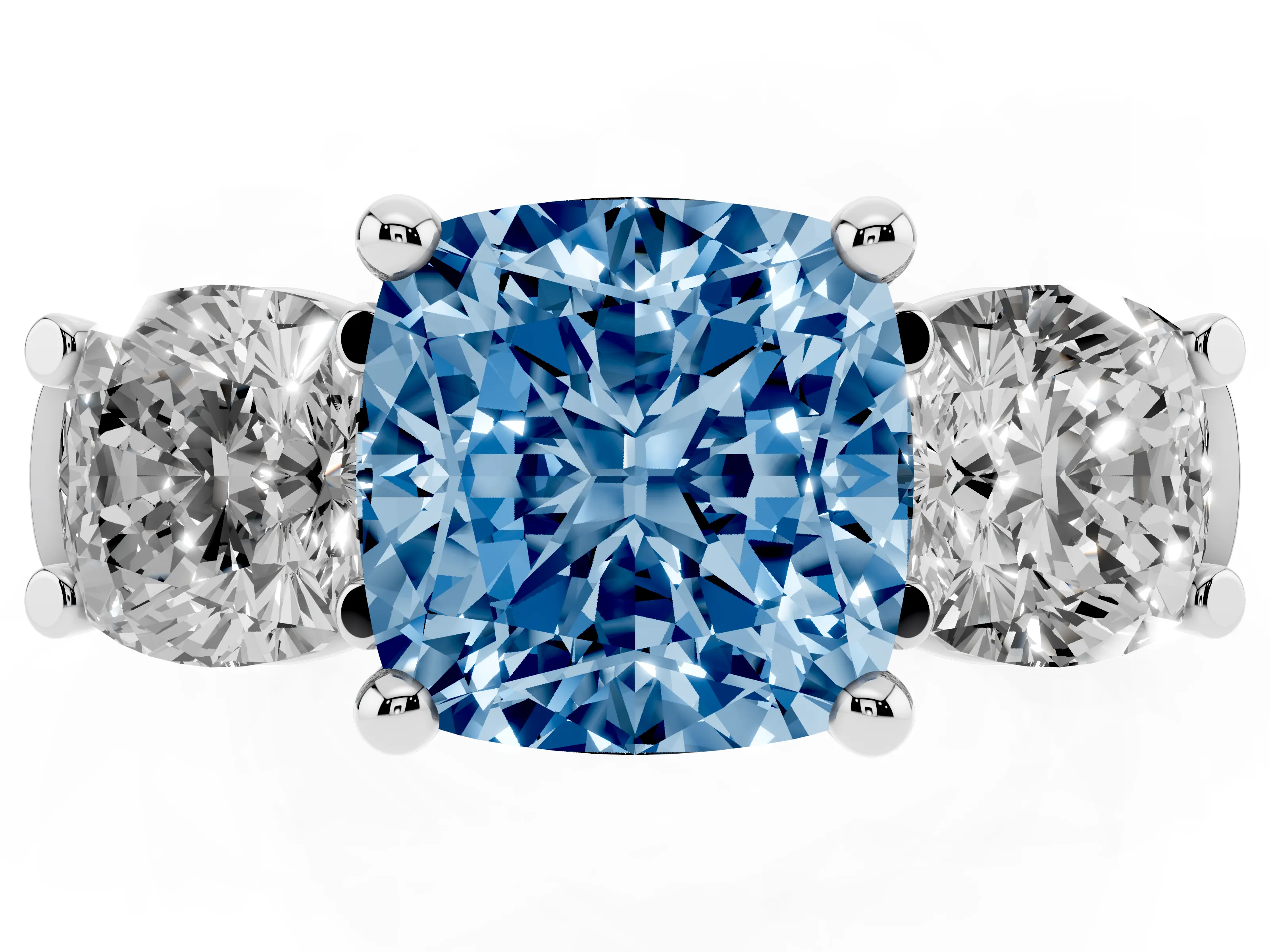 Fancy Blue Cushion Cut Diamond Three-Stone Trellis Ring Set in White gold with Comfort Fit Band