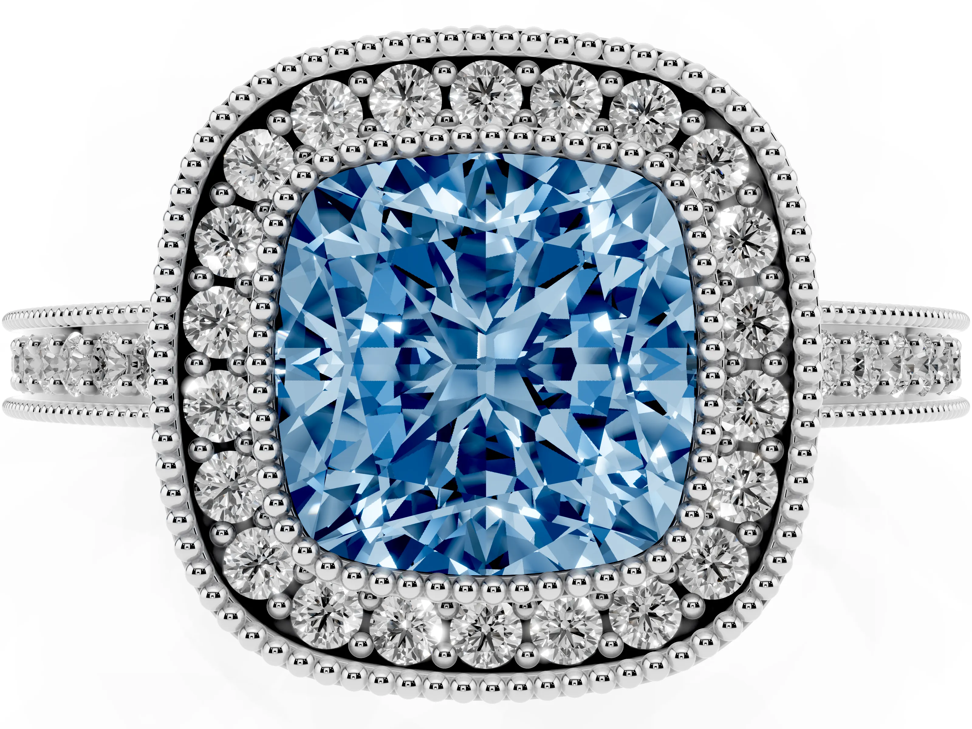 Fancy Blue Cushion Cut Diamond Round Halo Ring Set in Platinum with Pavé Band