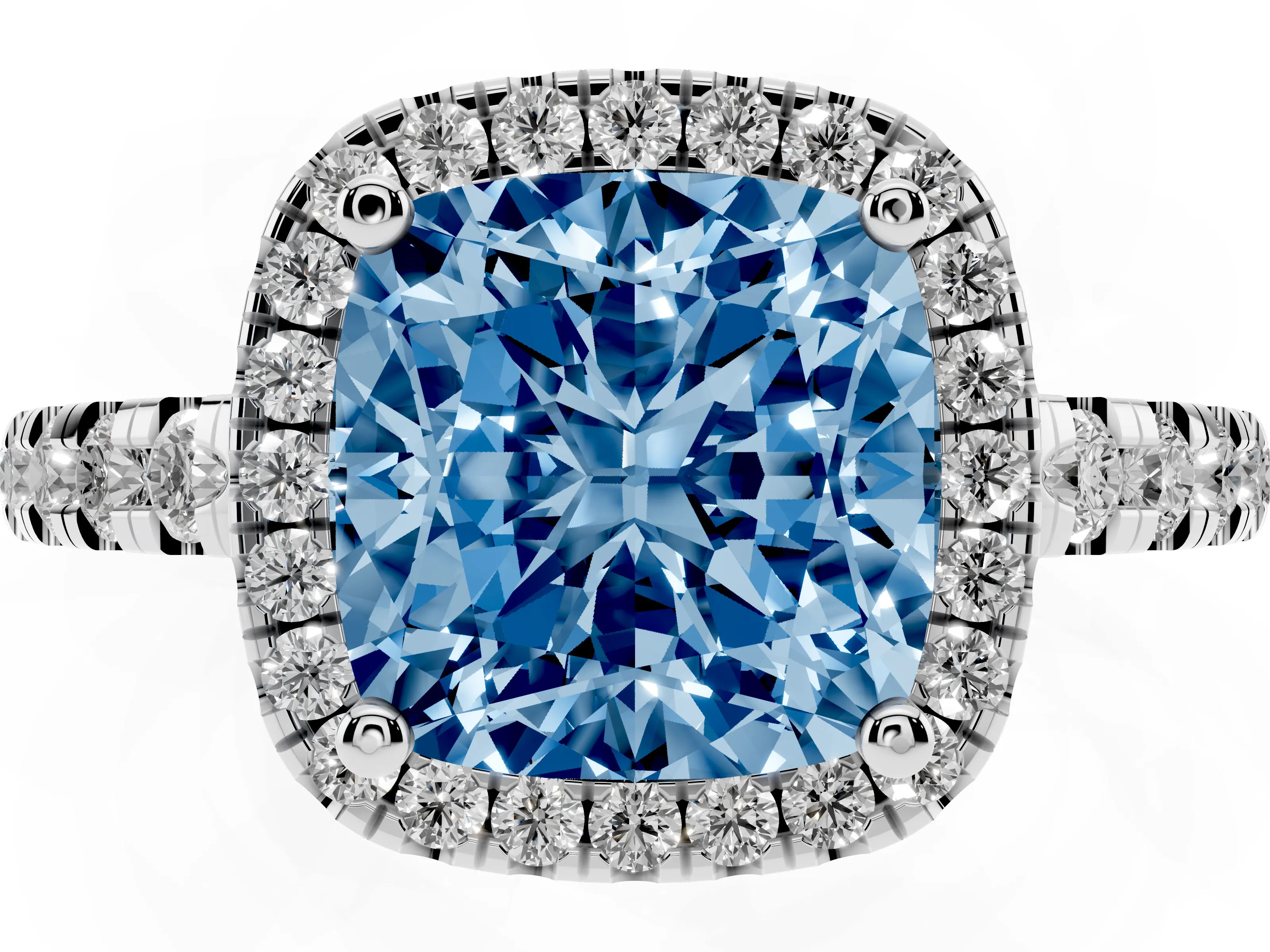 Fancy Blue Cushion Cut Diamond Halo Ring Set in White gold with Delicate Pavé Band and Prong Setting
