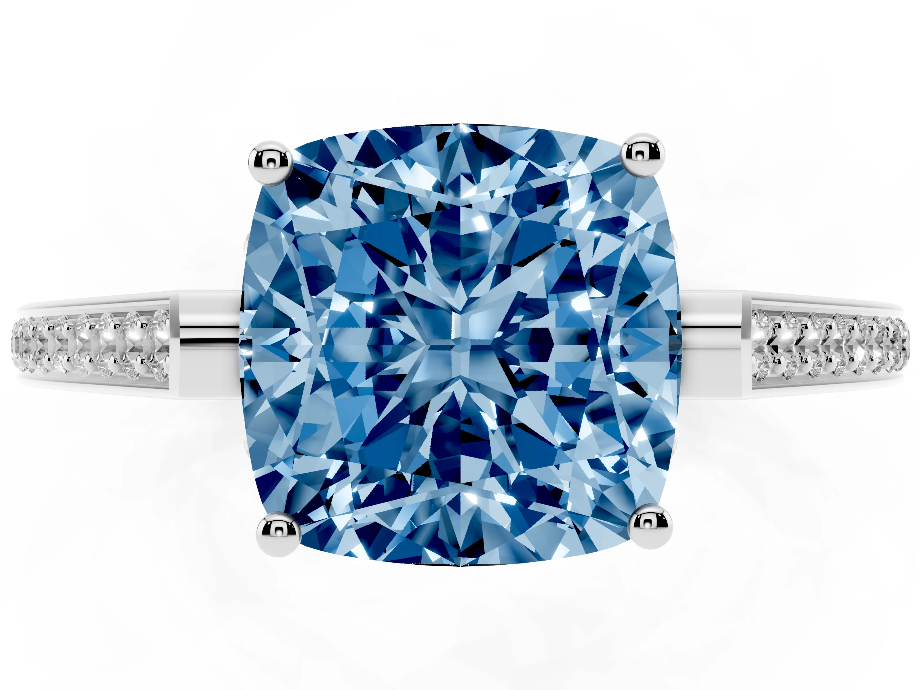 Fancy Blue Cushion Cut Diamond Cathedral Pavé Engagement Ring Set in Silver with Prong Setting