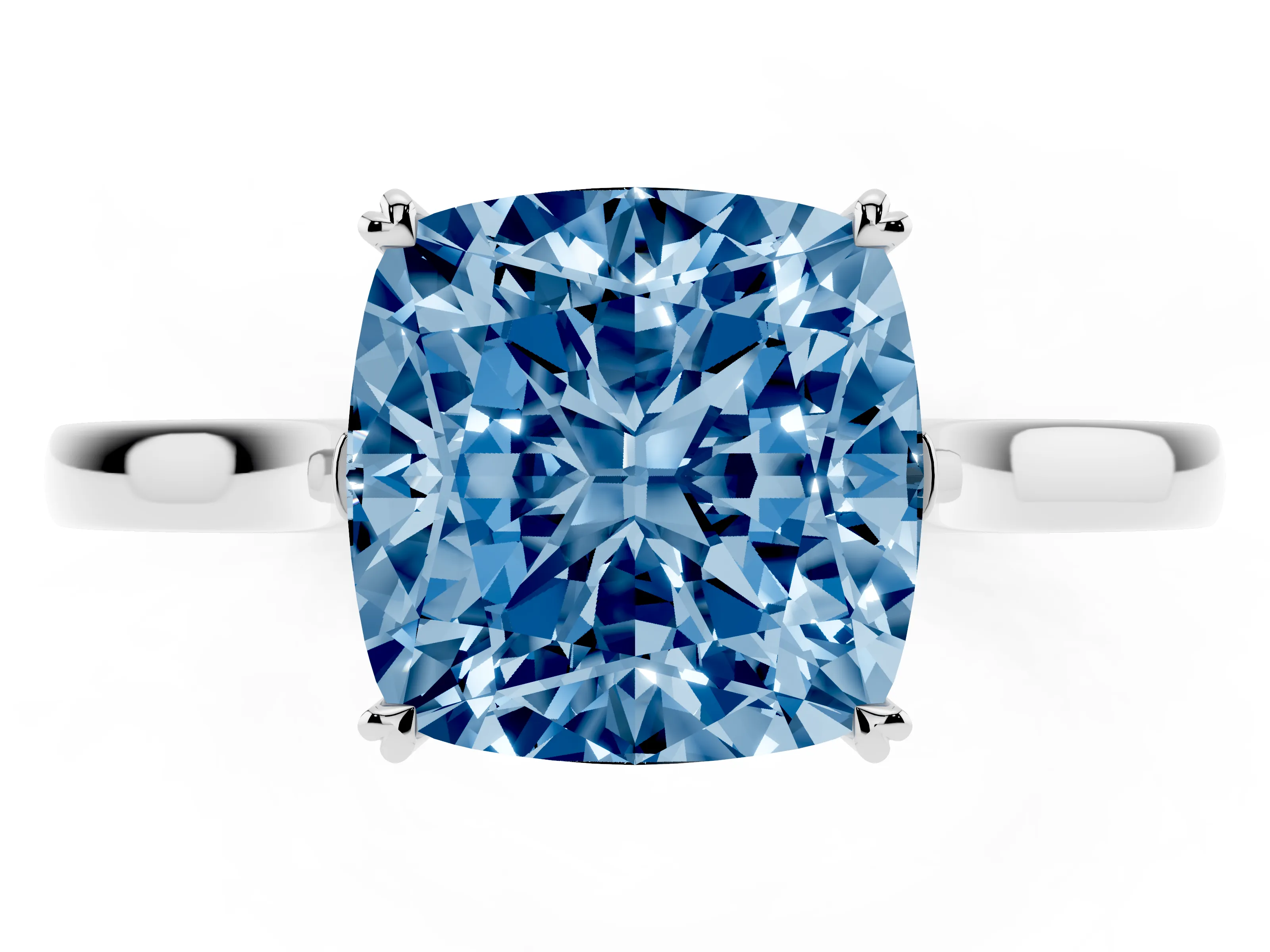 Fancy Blue Cushion Cut Diamond Solitaire Heart Prong Engagement Ring Set in White gold with Tapered Band