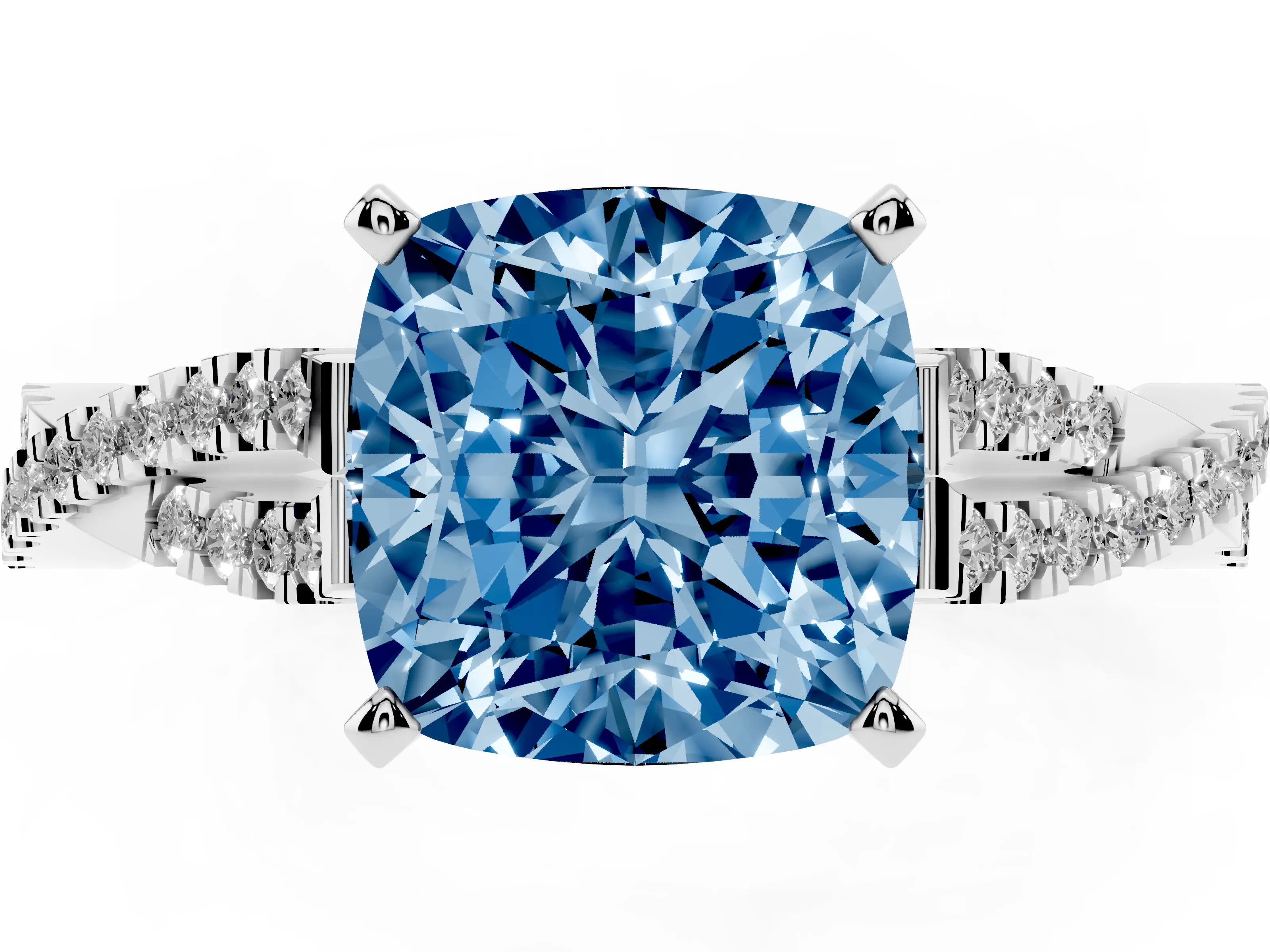 Fancy Blue Cushion Cut Diamond Solitaire Engagement Ring Set in Silver with Twisted Pavé Band and Prong Setting