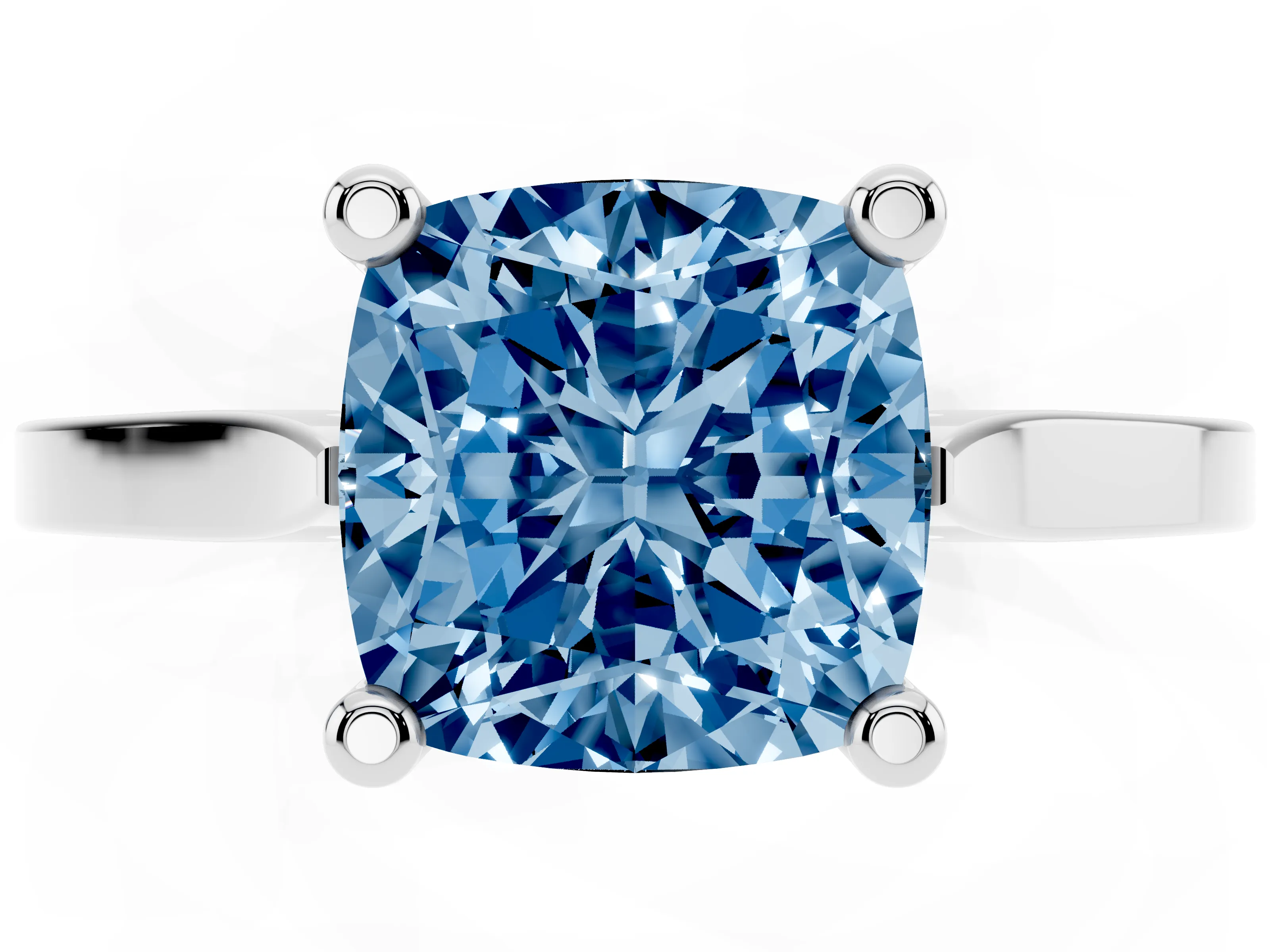 Fancy Blue Cushion Cut Diamond Solitaire Ring Set in White gold with Prong Setting and Tapered Band