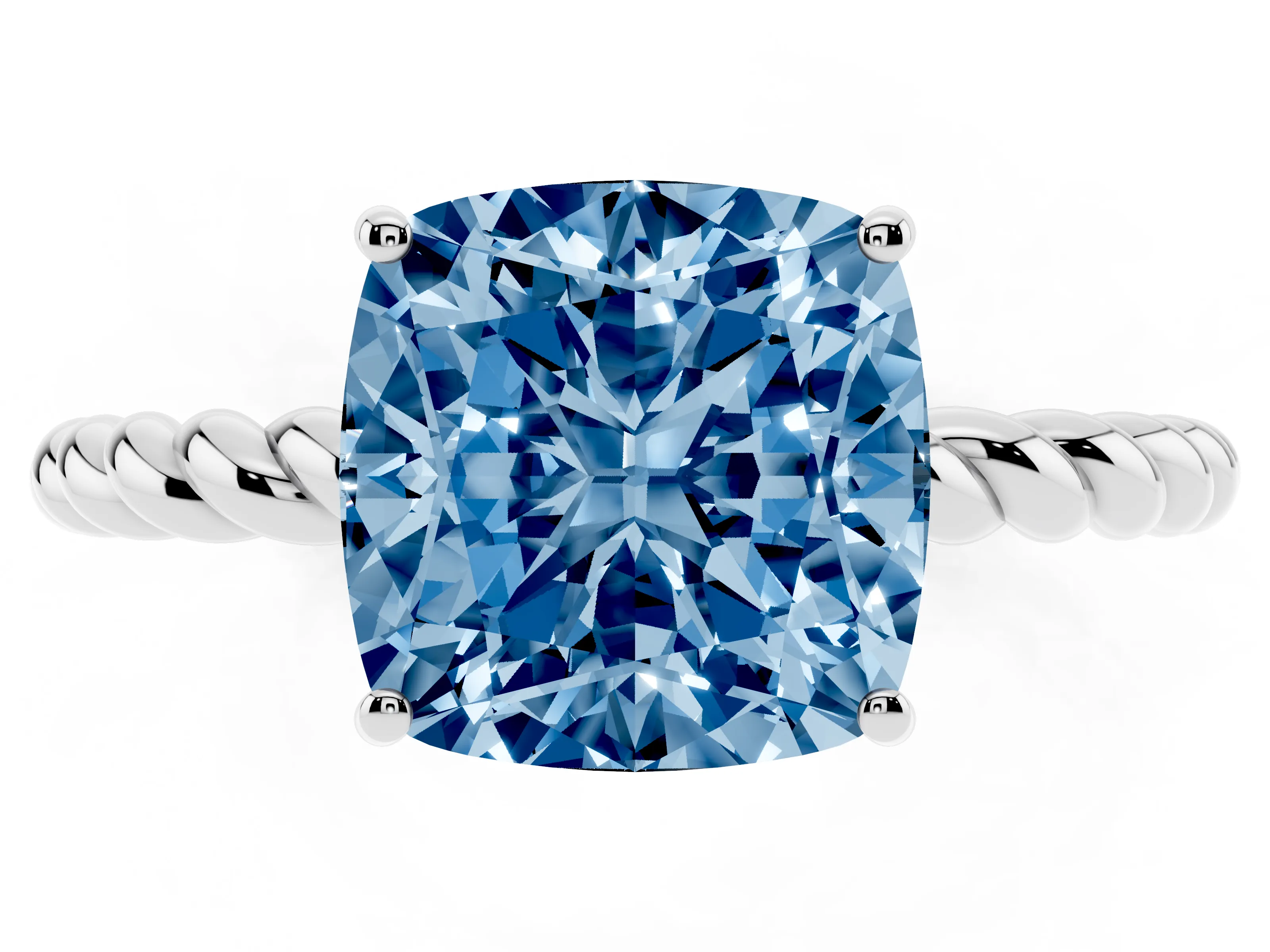 Fancy Blue Cushion Cut Diamond Solitaire Ring Set in Platinum with Twist Band and Prong Setting