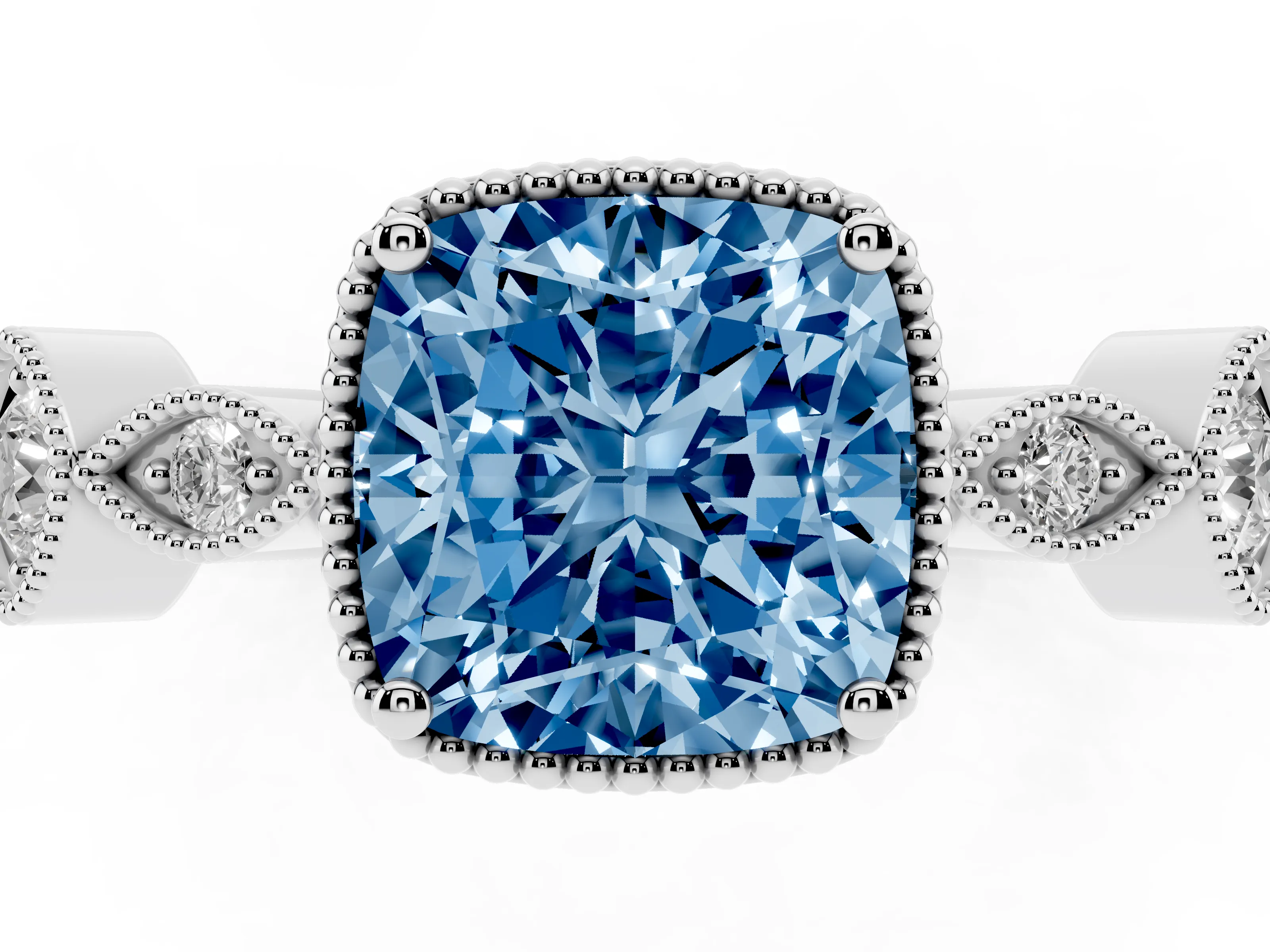 Fancy Blue Cushion Cut Diamond Vintage-Inspired Milgrain Ring Set in White gold with Marquise Stations of Round Accents