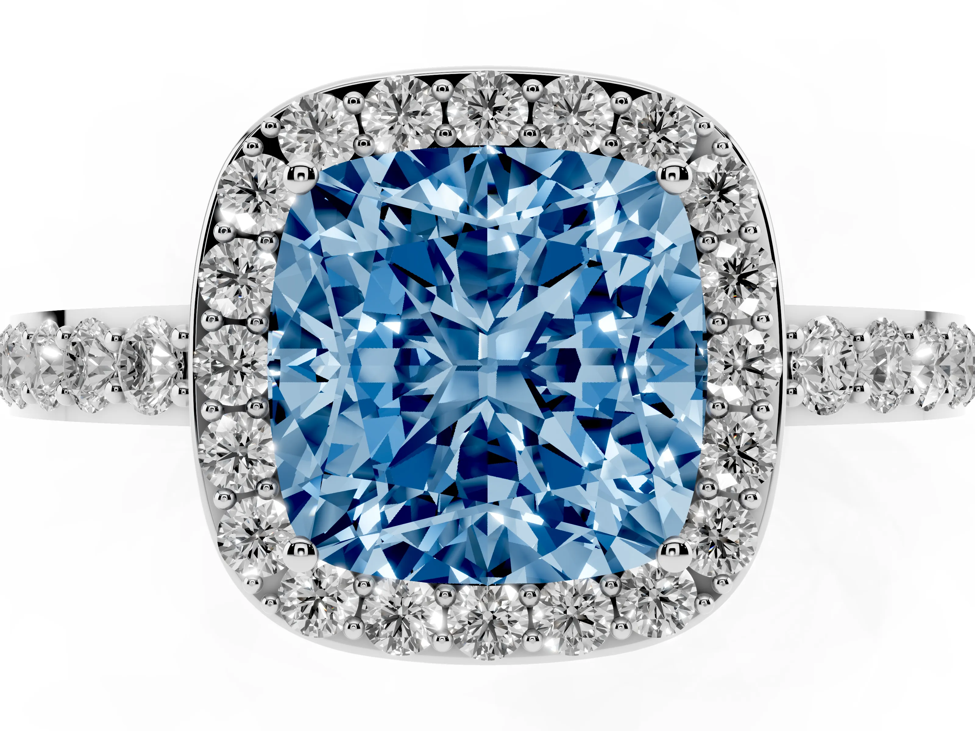 Fancy Blue Cushion Cut Diamond Halo Ring Set in Platinum with Pavé-Setting Band and Open Prong Center