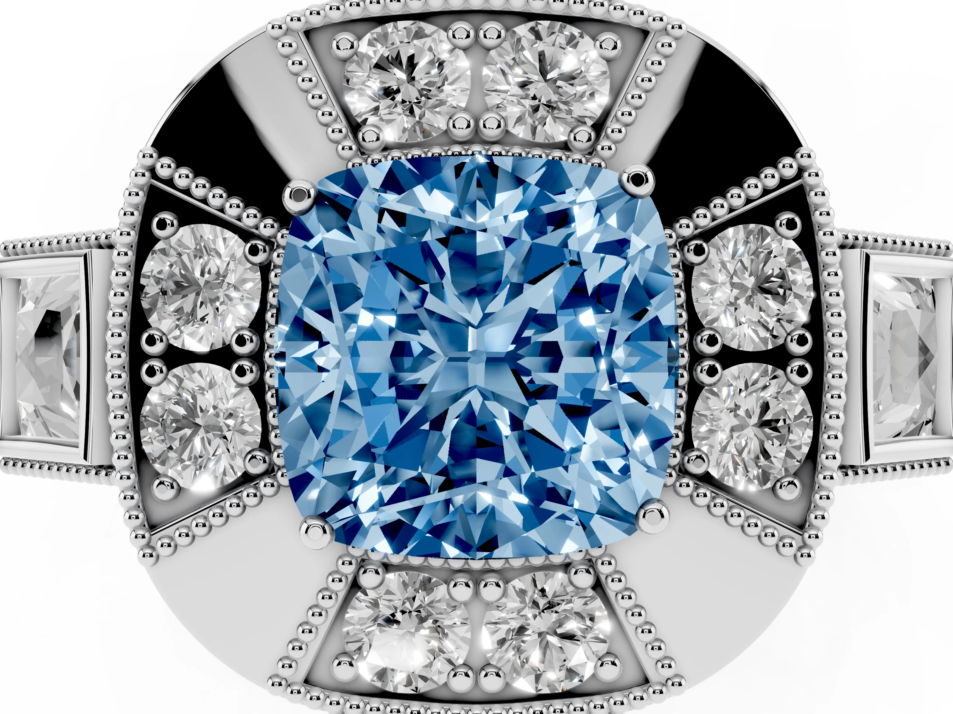 Fancy Blue Cushion Cut Diamond Milgrain Halo Ring Set in Platinum with Split Shank