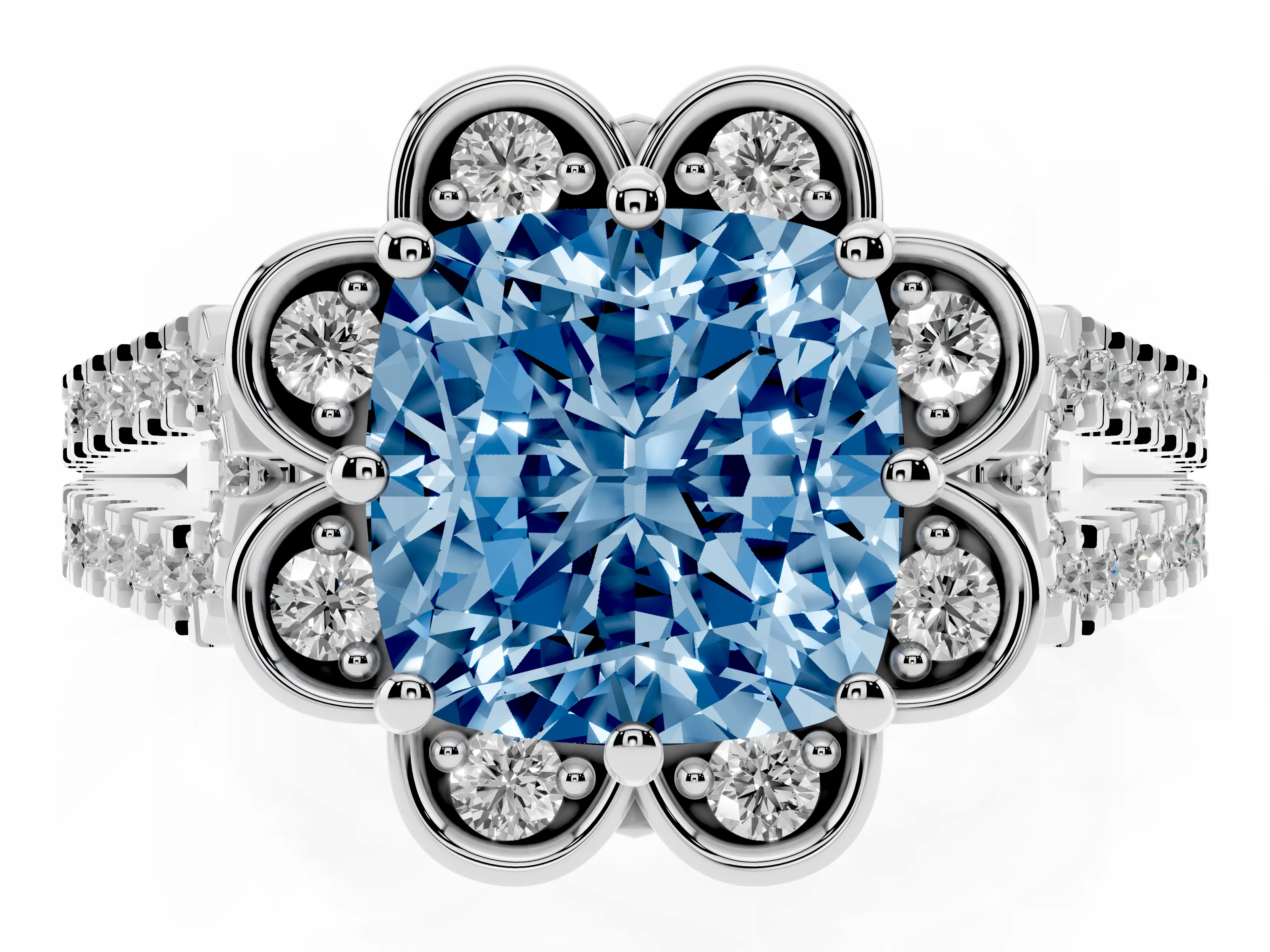 Fancy Blue Cushion Cut Diamond Floral Halo Split Shank Engagement Ring Set in Silver with Pavé Shank