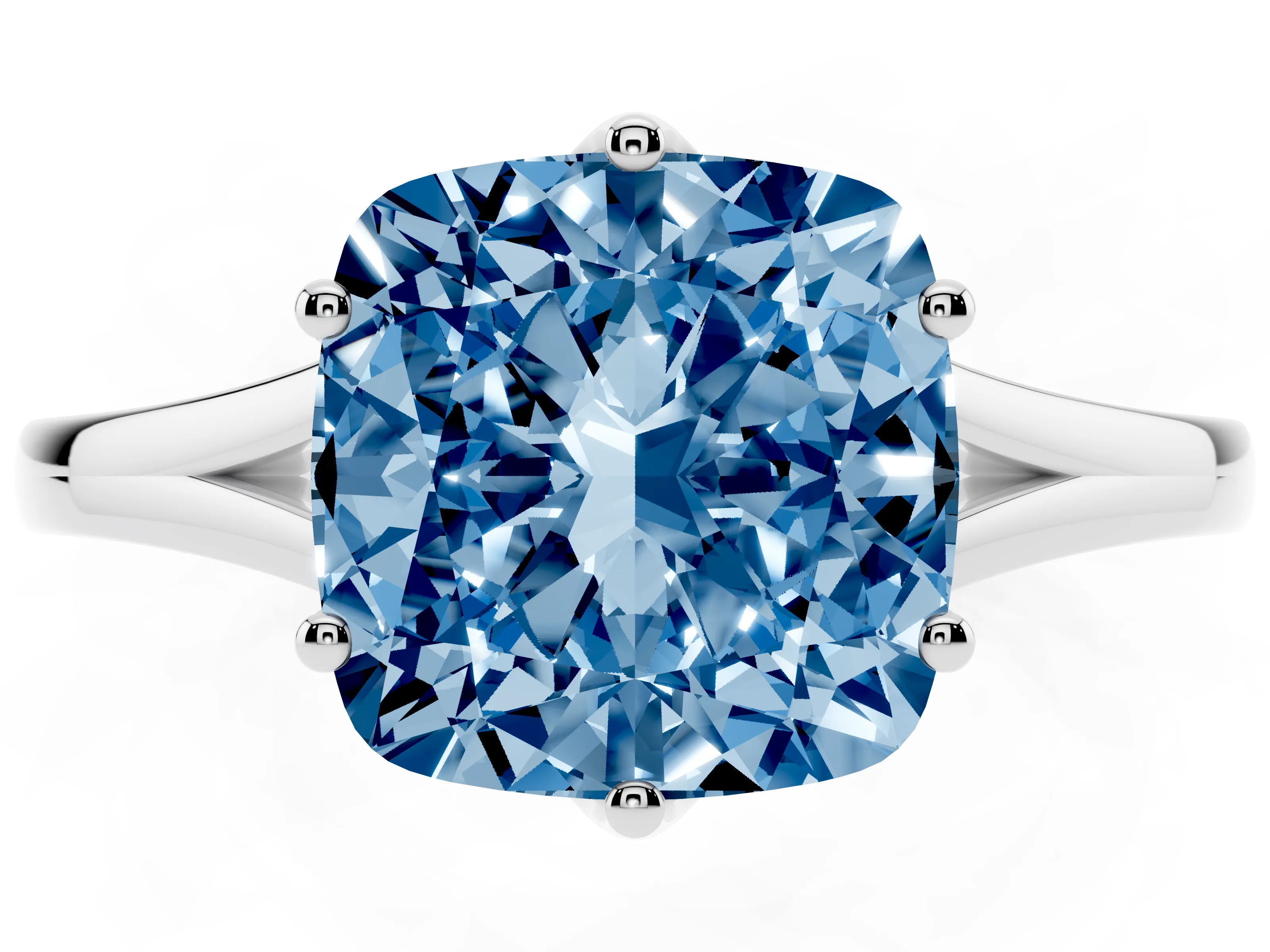 Fancy Blue Cushion Cut Diamond Solitaire Ring Set in White gold with Polished Tapered Band and Prong Setting