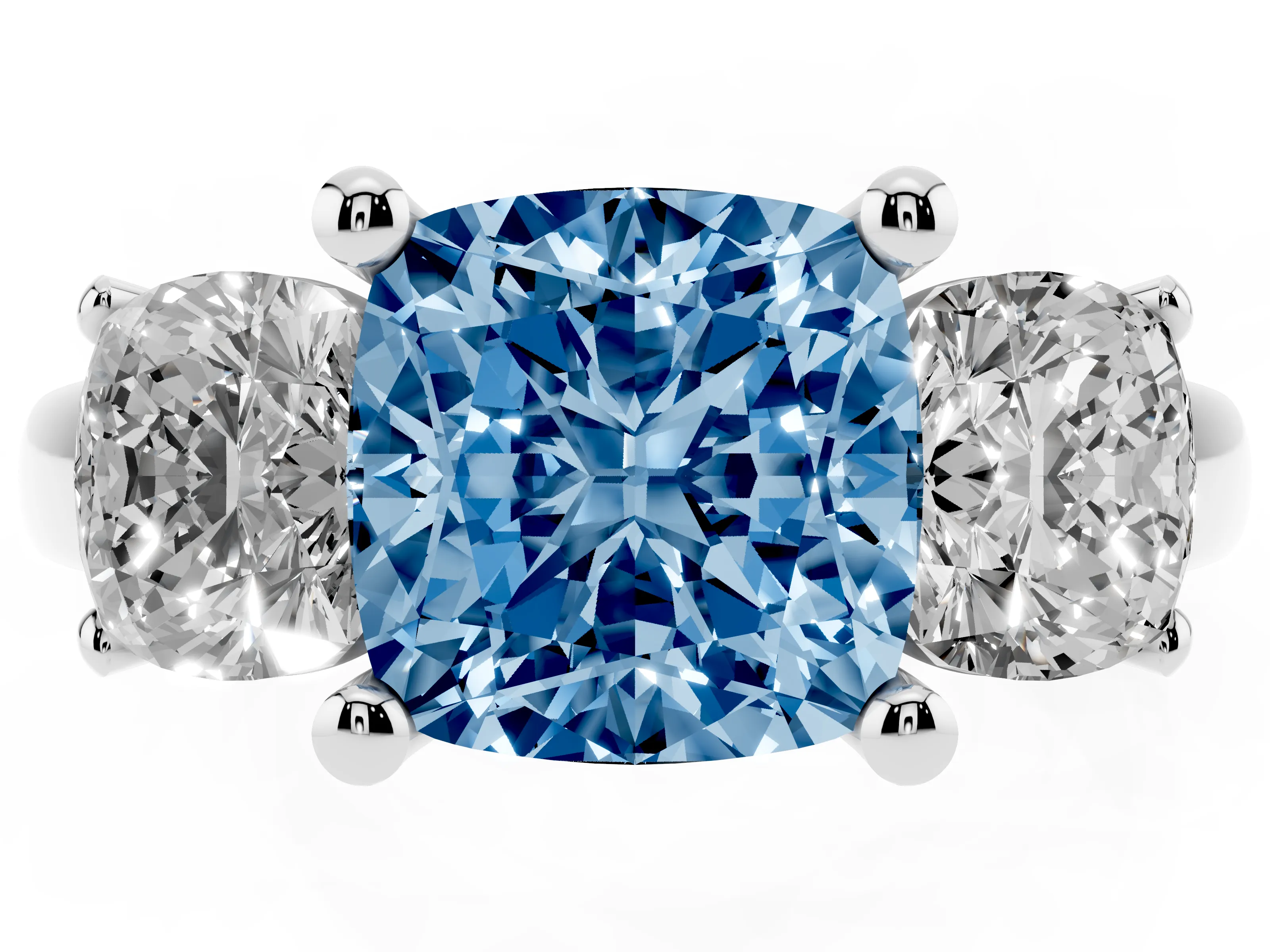 Fancy Blue Cushion Cut Diamond Three-Stone Ring Set in White gold with Classic Prong Setting and Plain Band