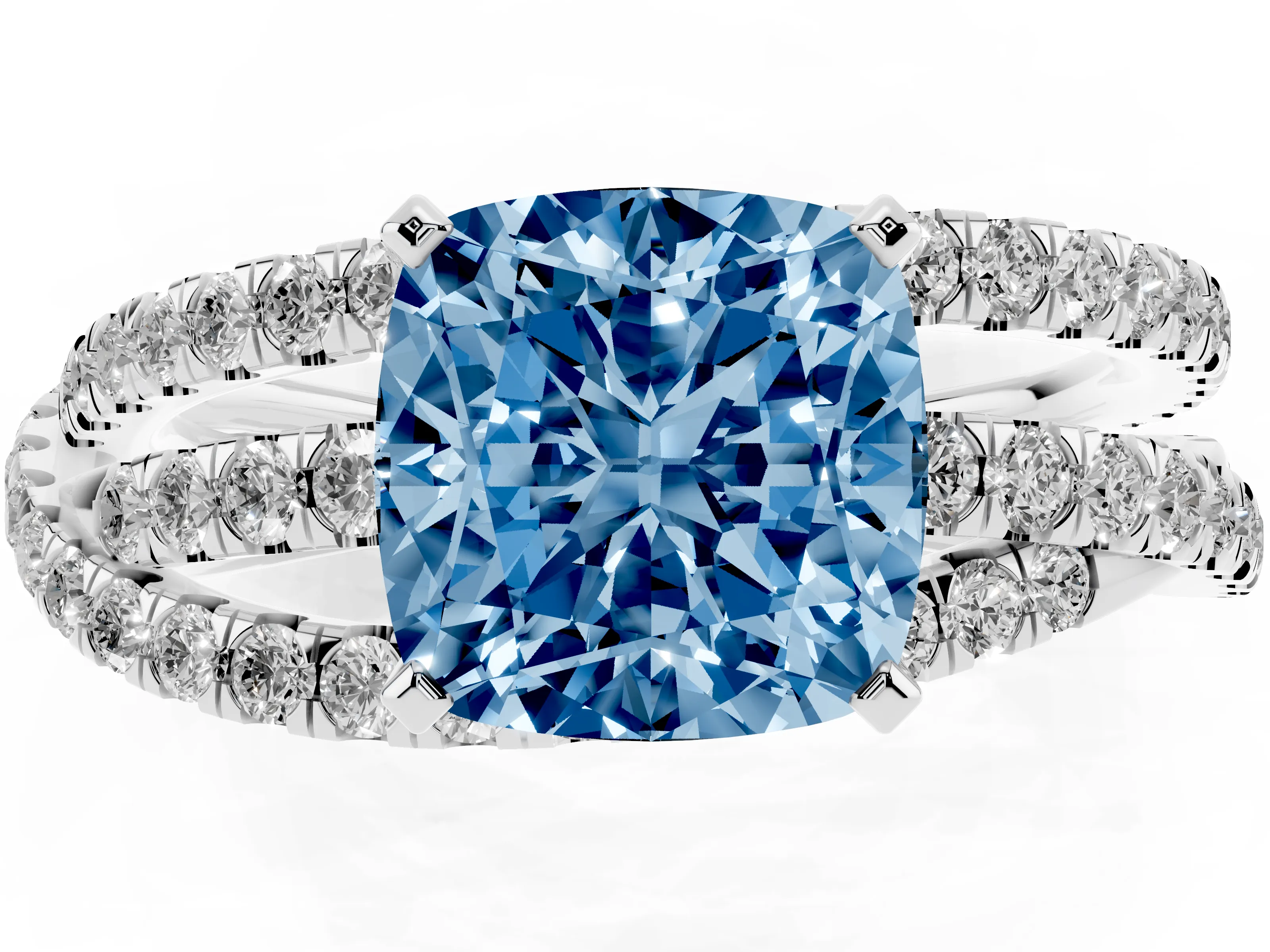 Fancy Blue Cushion Cut Diamond Solitaire Twist Band Ring Set in Silver with Pavé Setting and Prong Head
