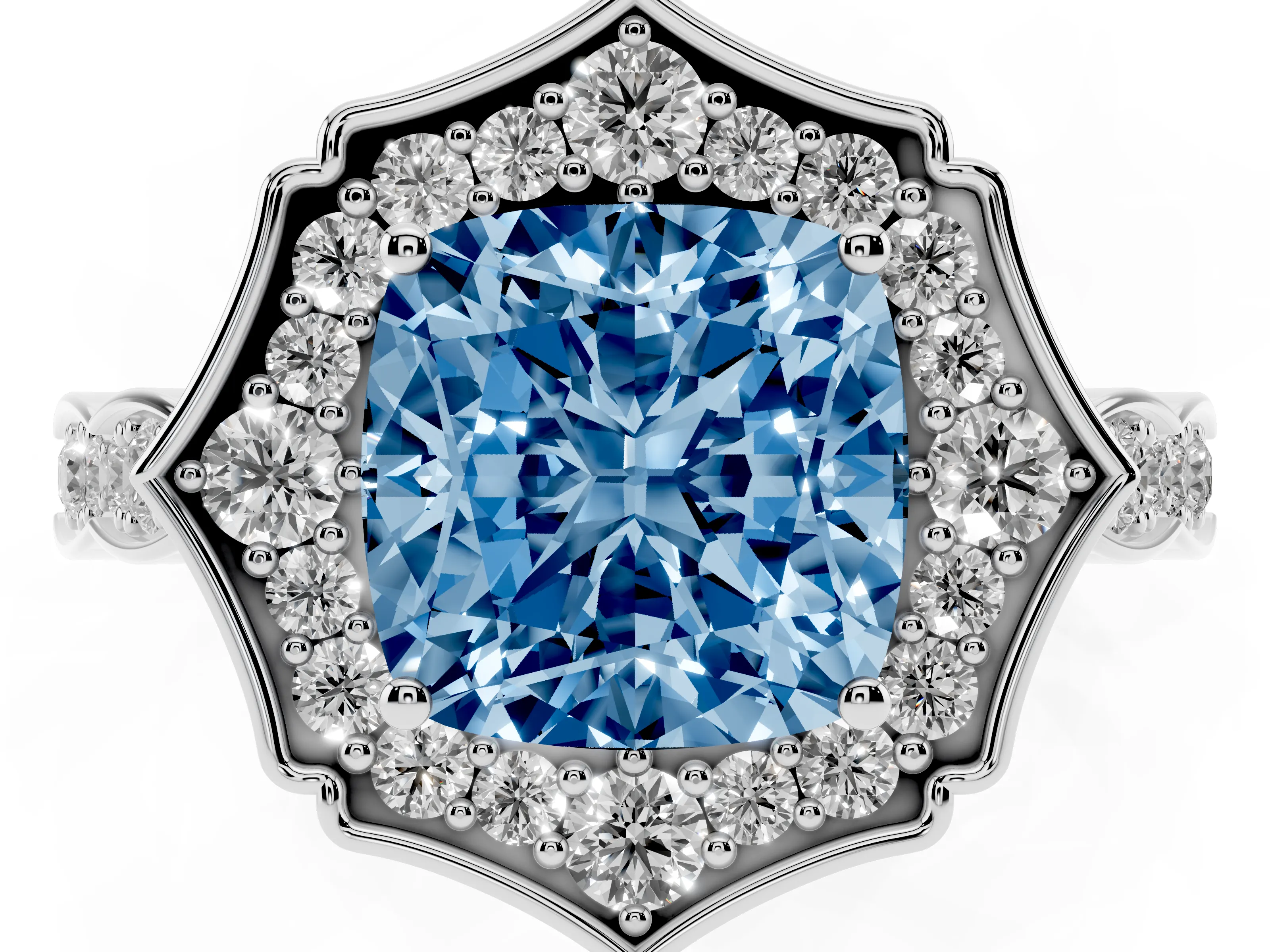 Fancy Blue Cushion Cut Diamond Halo Engagement Ring Set in White gold with Milgrain Band and Prong Setting