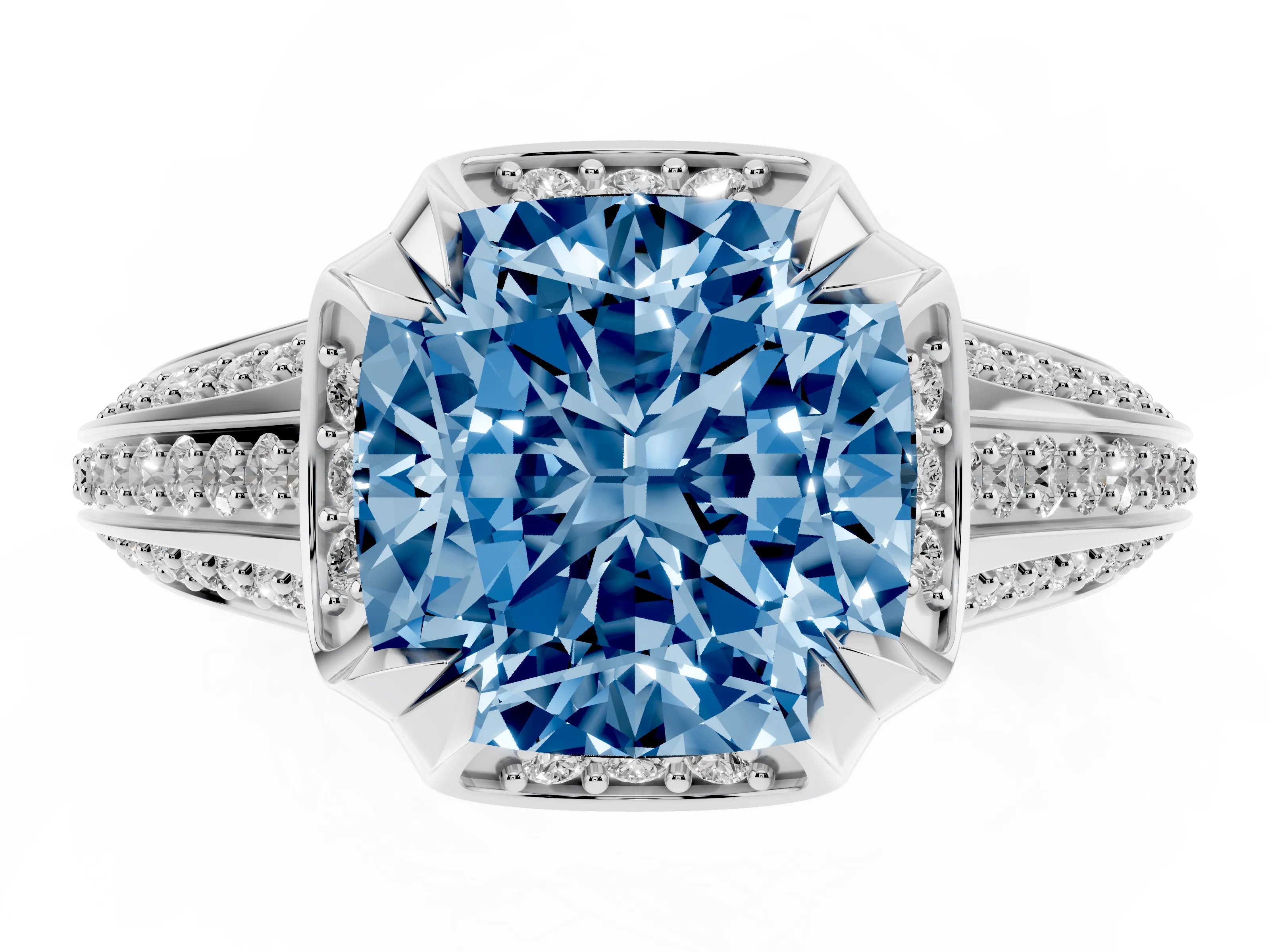 Fancy Blue Cushion Cut Diamond Pavé Split Shank Solitaire Ring Set in Platinum with Prong Setting