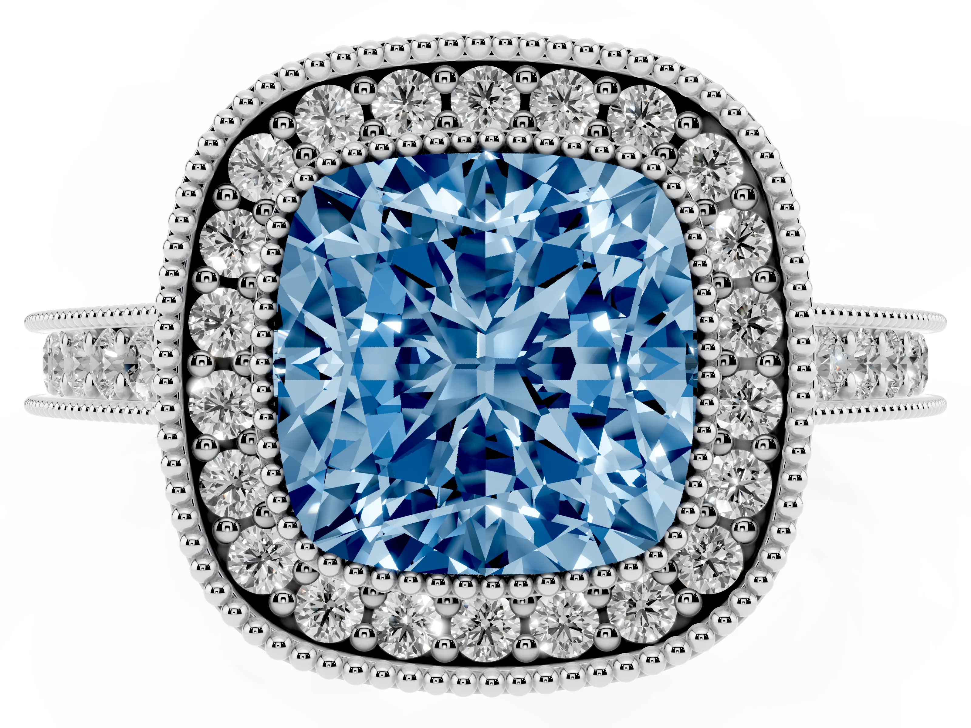 Fancy Blue Cushion Cut Diamond Halo Milgrain Pavé Band Ring Set in White gold with Prong Setting