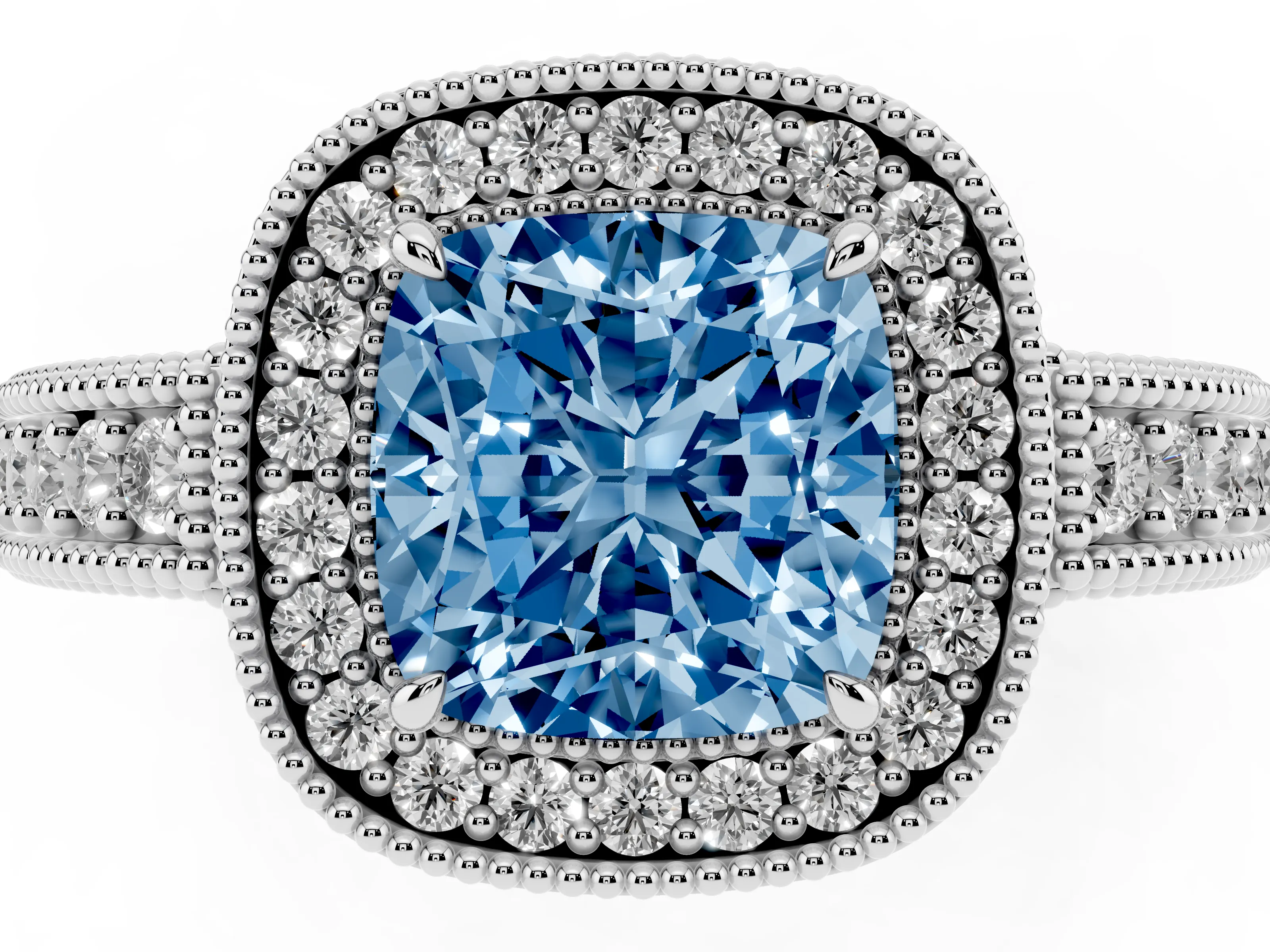 Fancy Blue Cushion Cut Diamond Halo Ring Set in Platinum with Round Accent Halo, Pavé Band and Prong Setting