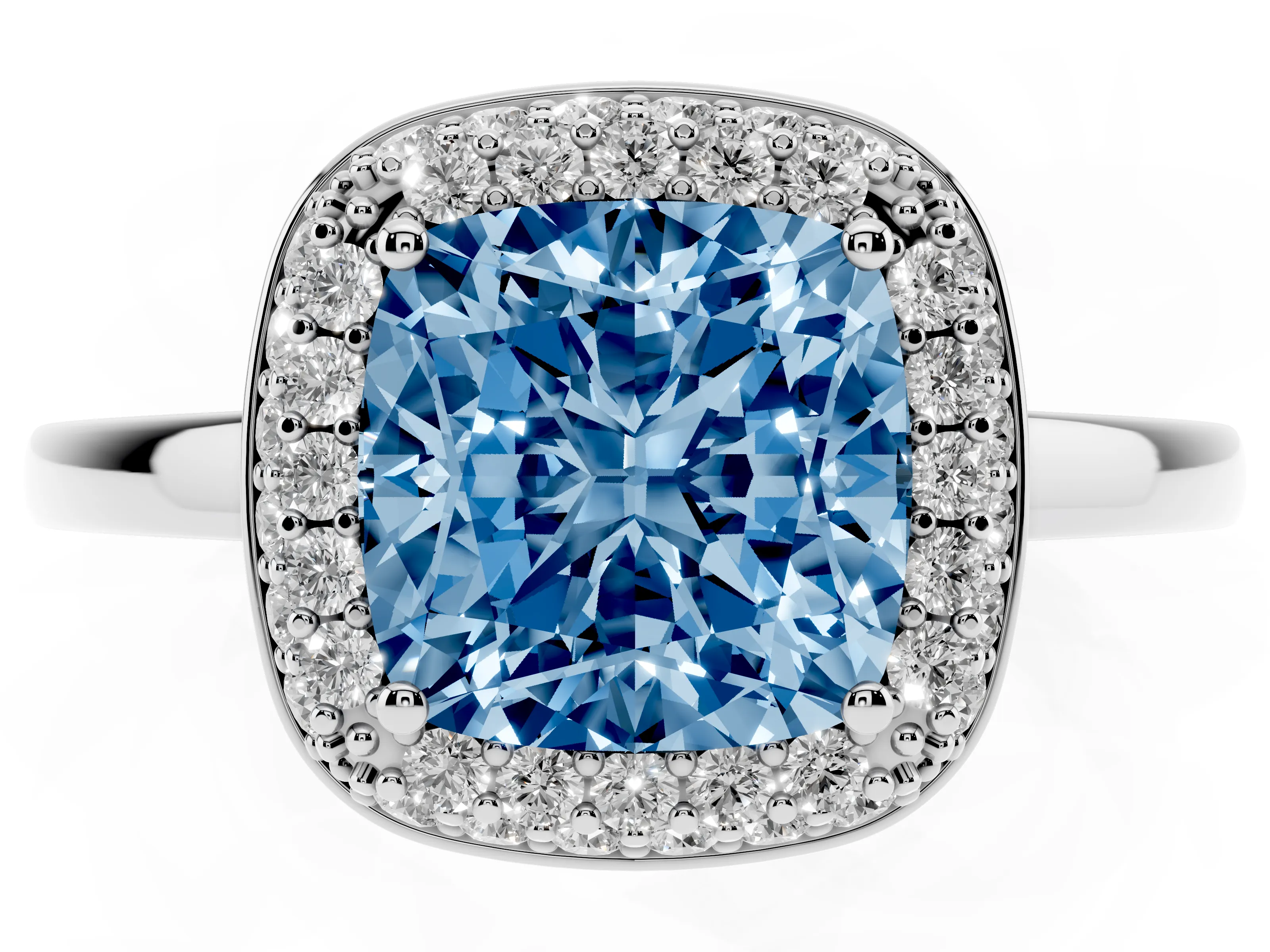 Fancy Blue Cushion Cut Diamond Halo Engagement Ring Set in Silver with Solitaire Band and Prong Setting
