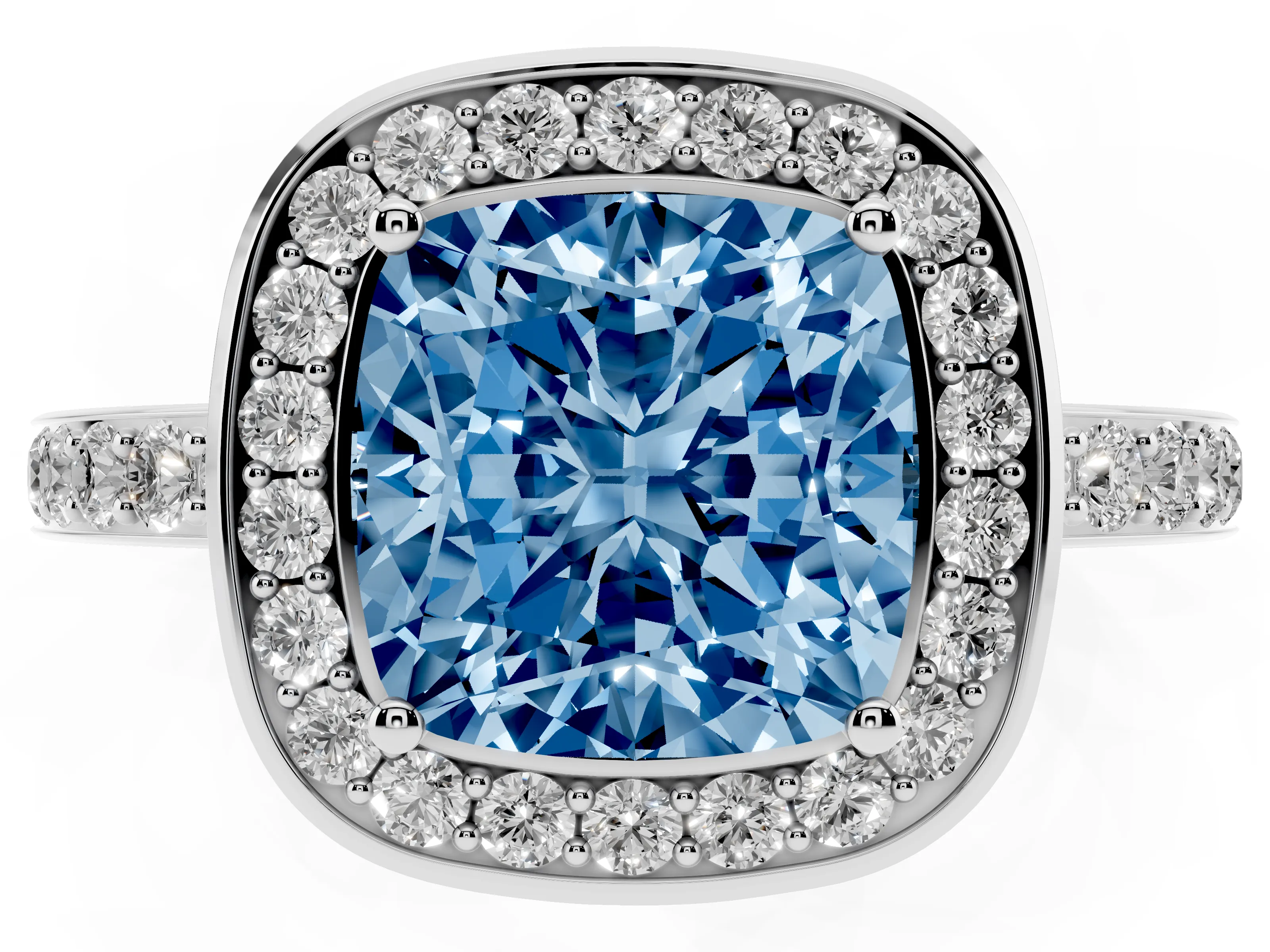 Fancy Blue Cushion Cut Diamond Halo Ring Set in Silver with Bezel Frame and Pavé Band