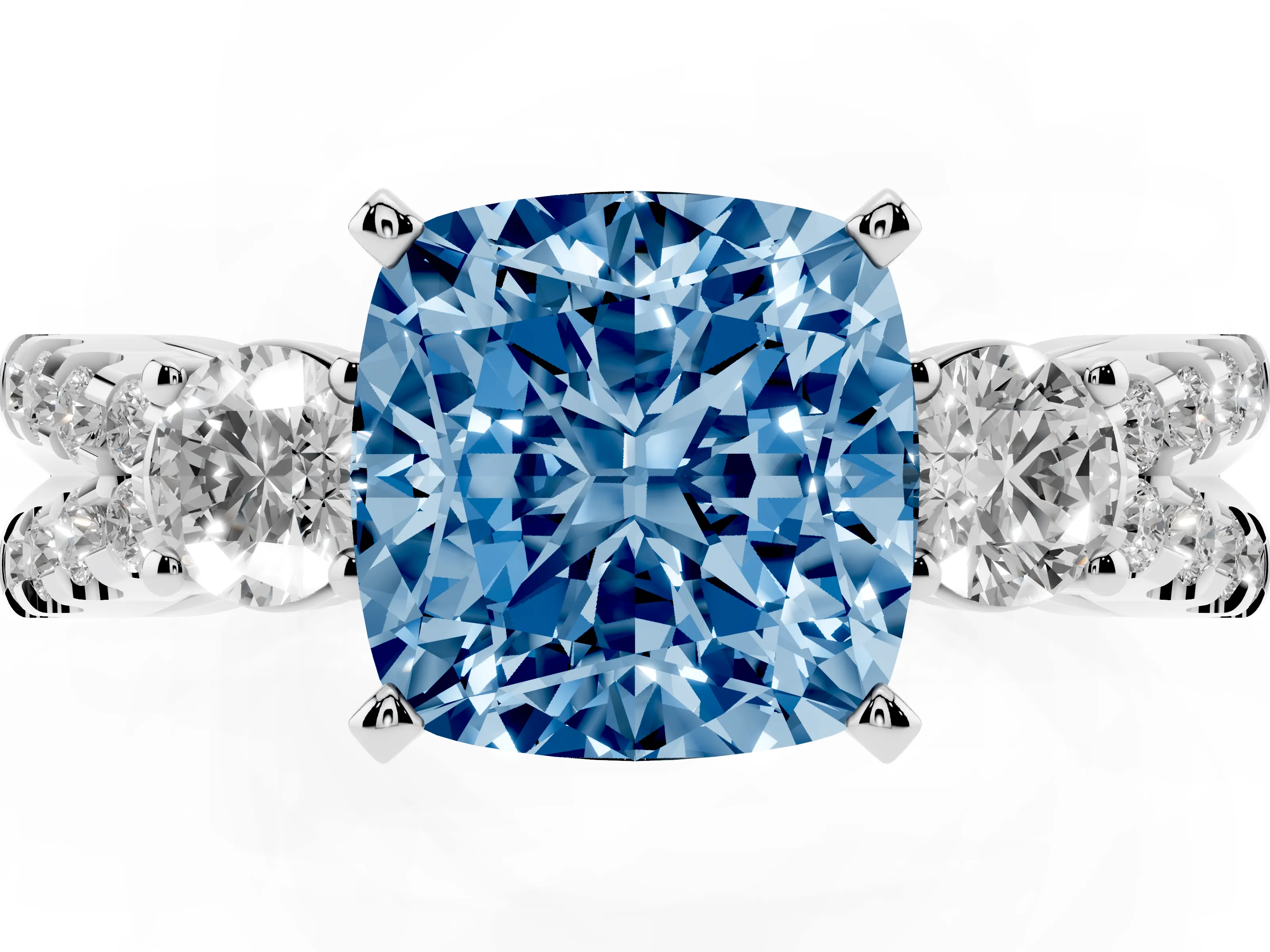 Fancy Blue Cushion Cut Diamond Three-Stone Ring Set in Platinum with Pavé Split Shank and Prong Setting