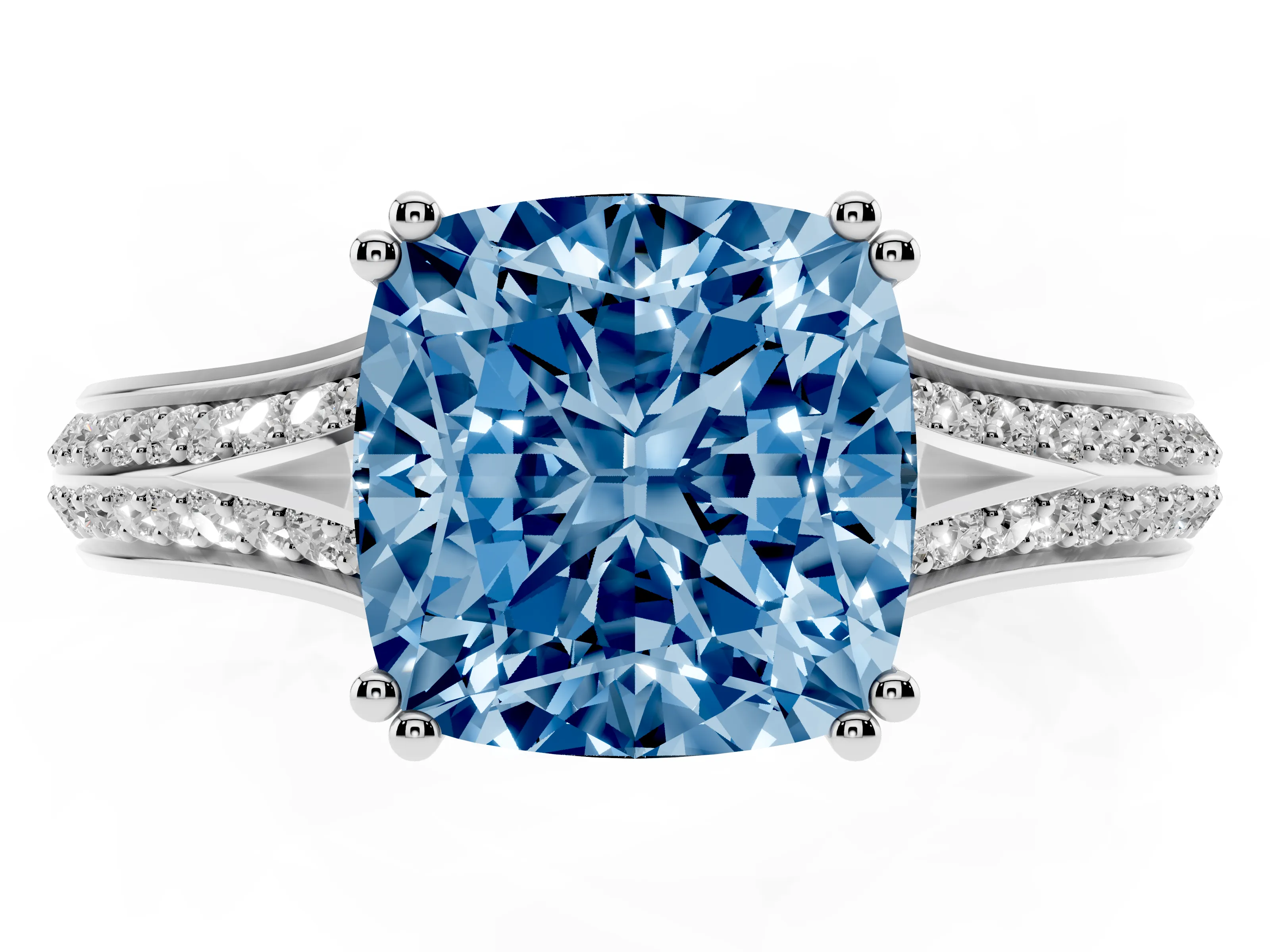 Fancy Blue Cushion Cut Diamond Split Shank Pavé Engagement Ring Set in White gold with Prong-Set Center Stone