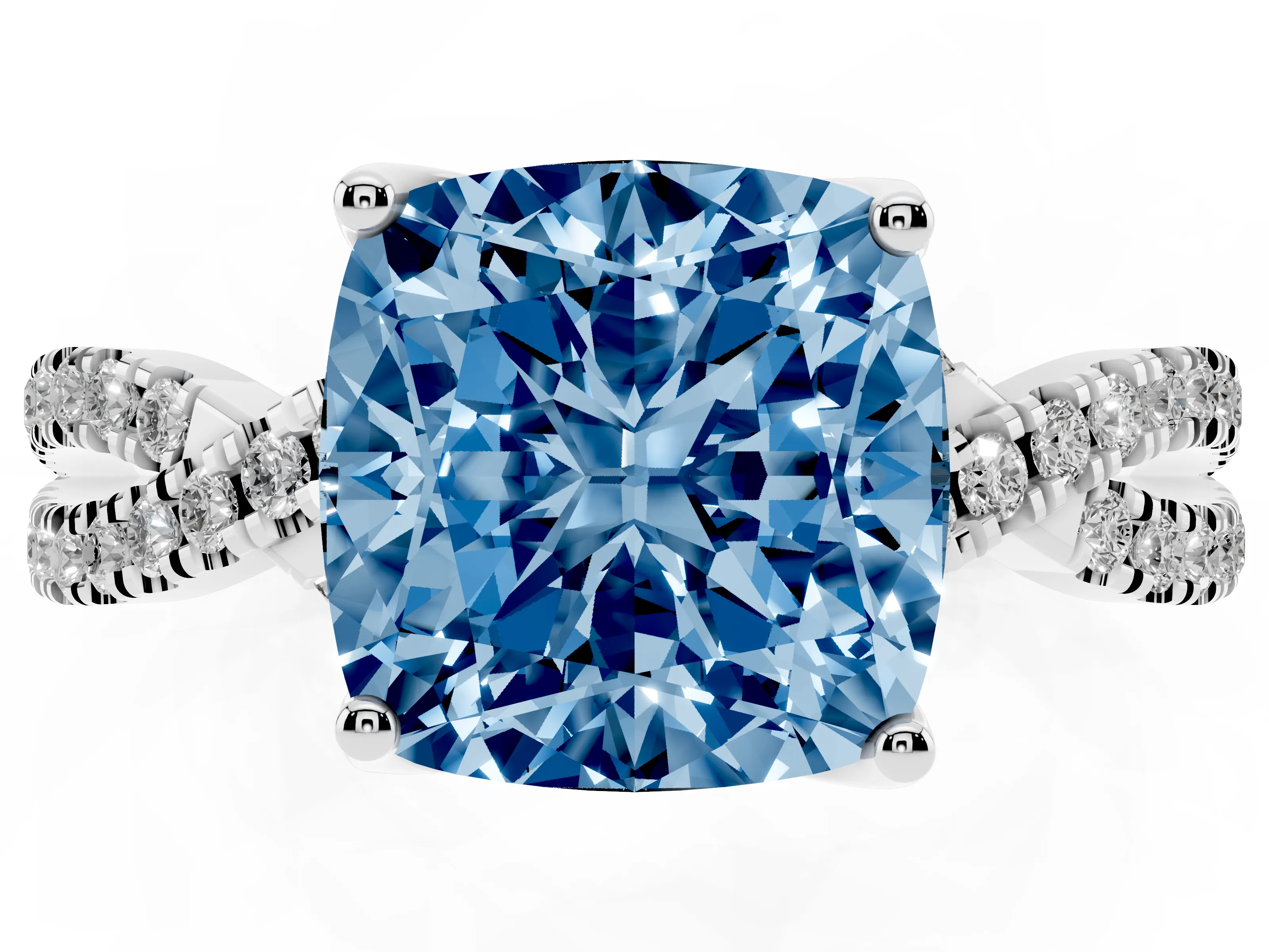 Fancy Blue Cushion Cut Diamond Twist Pavé Solitaire Engagement Ring Set in Silver with Prong Setting