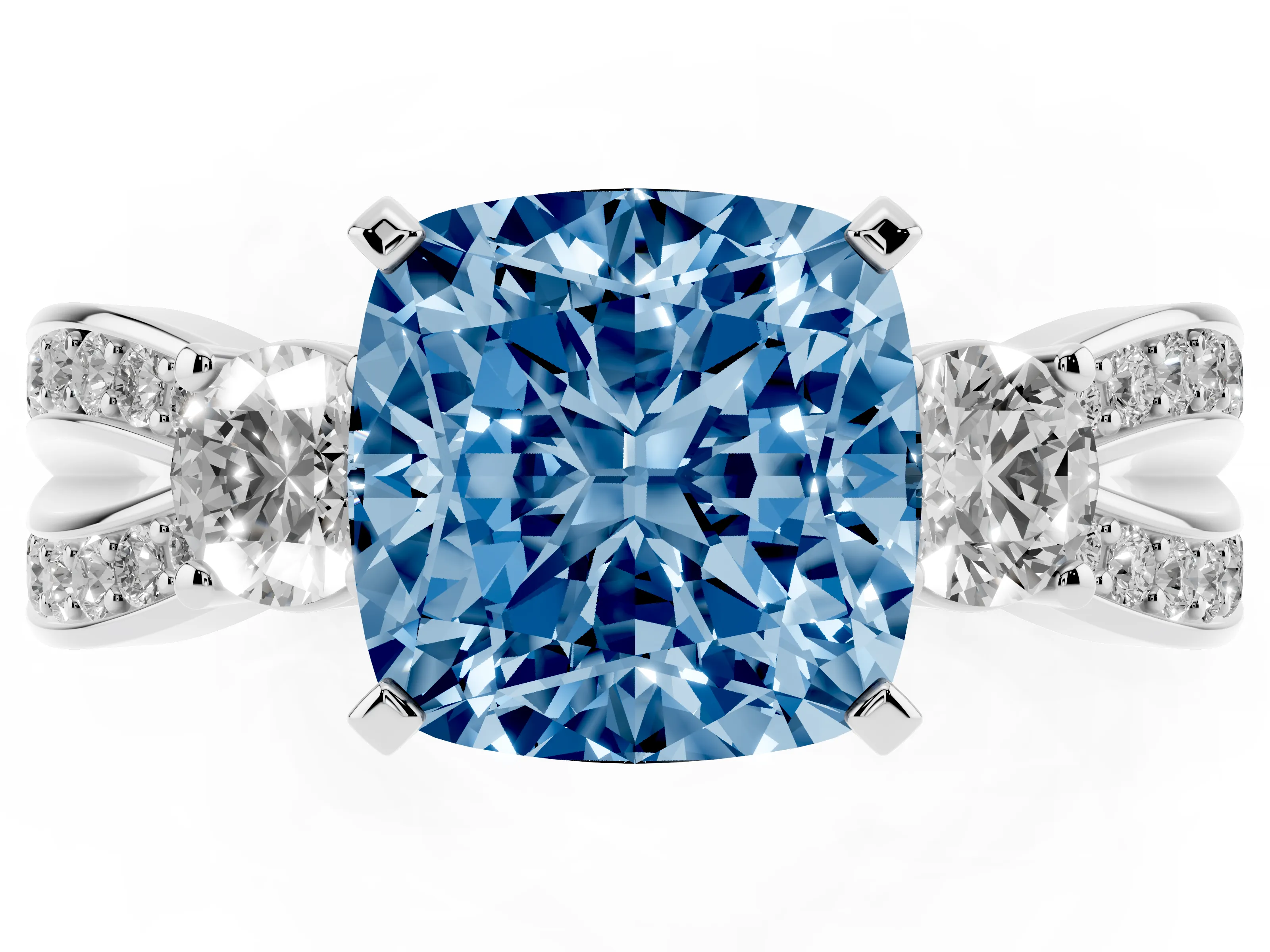 Fancy Blue Three-Stone Cushion Cut Diamond Twist Band Ring Set in Silver with Pavé Accents and Prong Setting