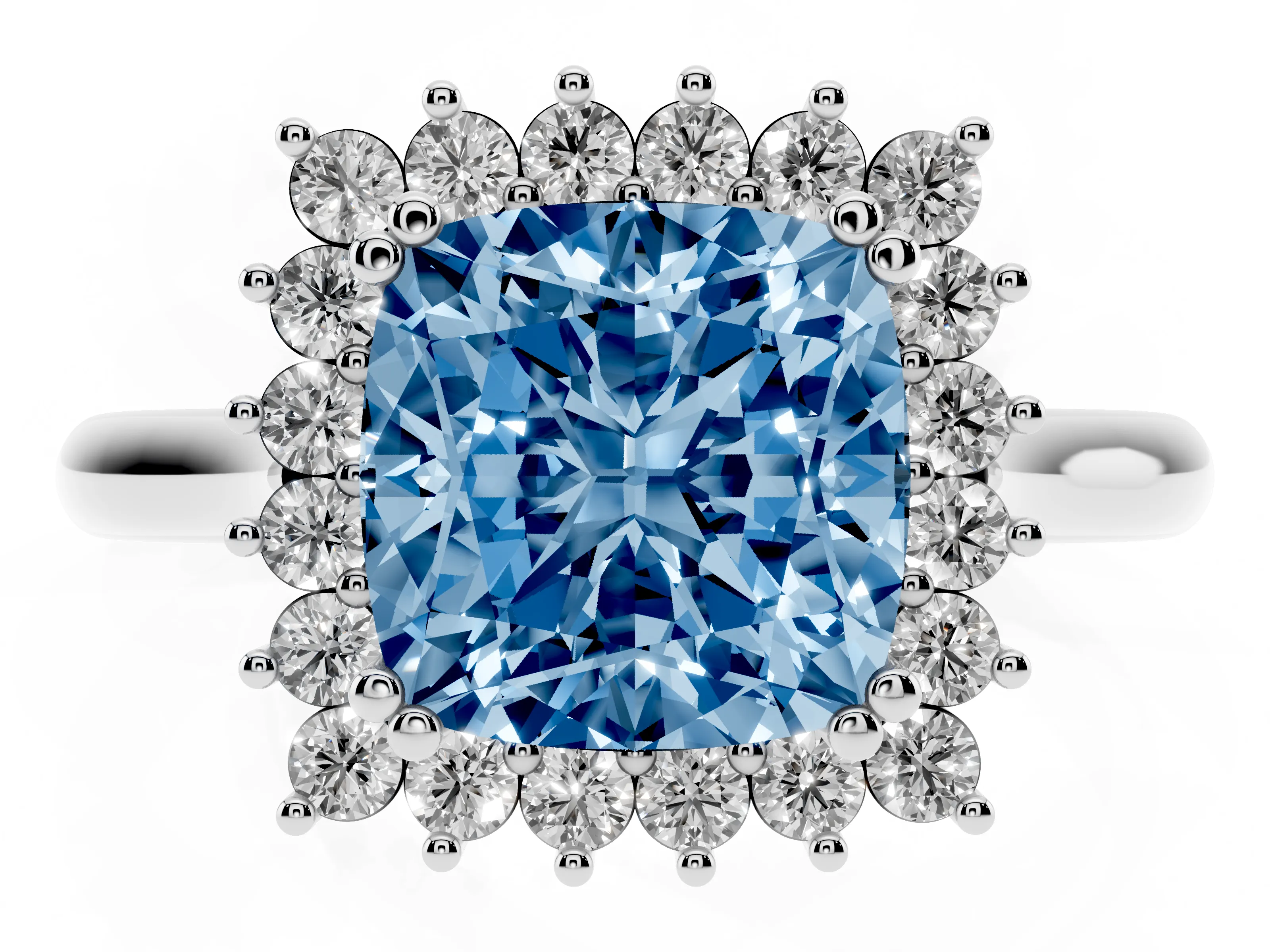 Fancy Blue Cushion Cut Diamond Halo Ring Set in Platinum with Plain Solitaire Band and Prong Setting